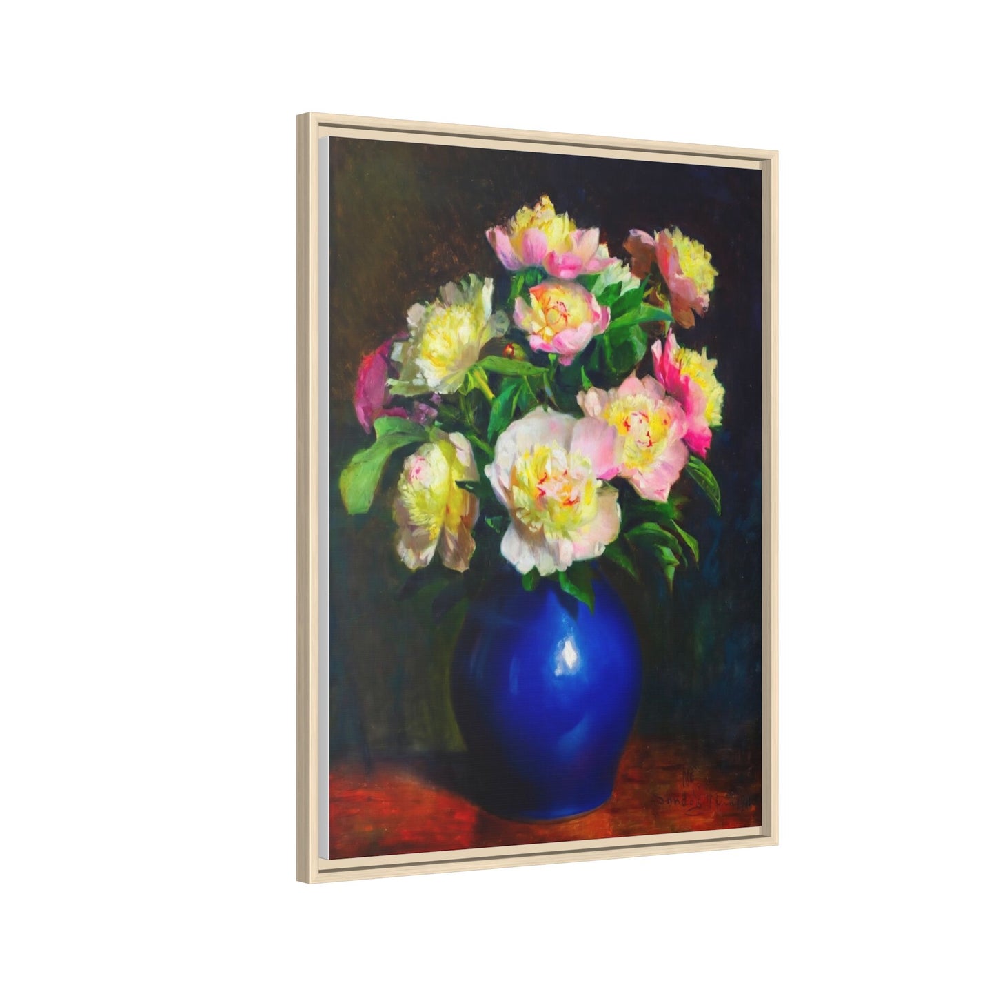 Framed Matte Canvas Wall Art — Vintage Floral Bouquet in Blue Vase