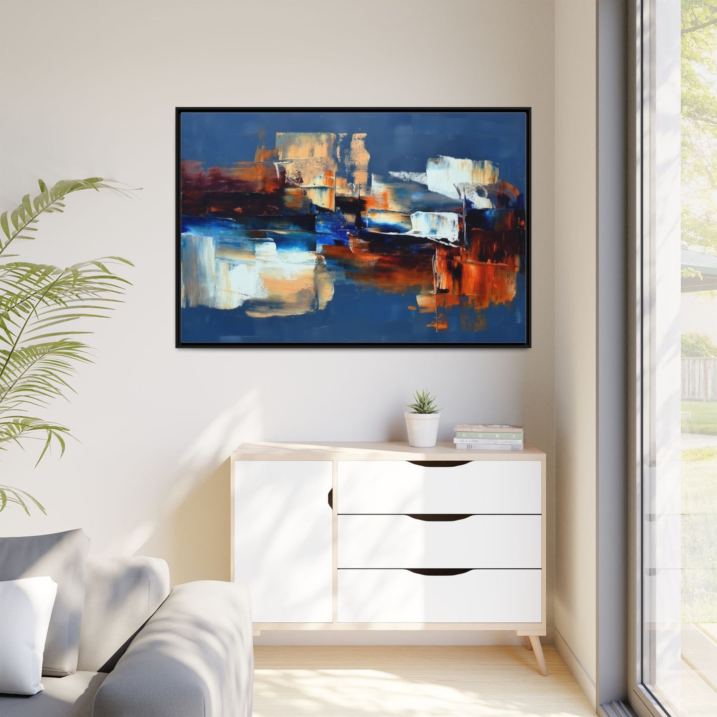 Abstract Blue & Rust Framed Canvas Art — Modern Matte Wall Painting