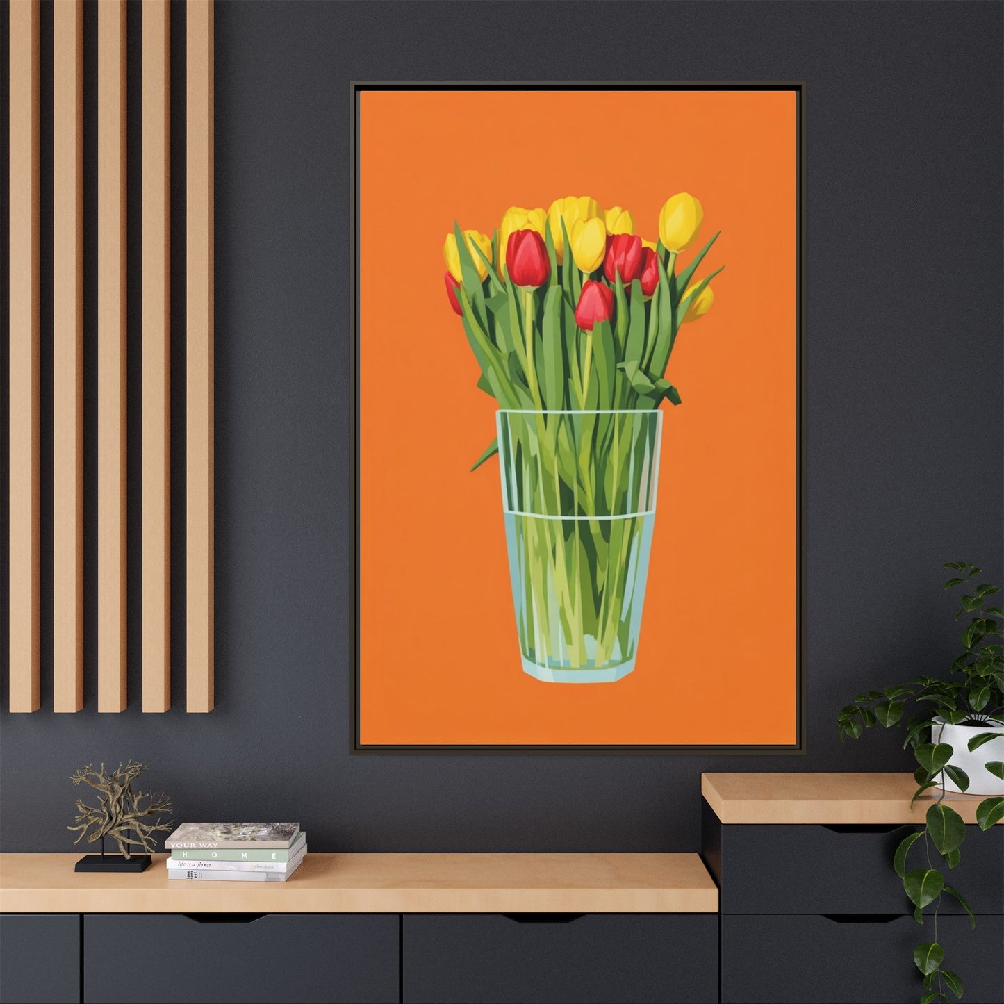 Framed Tulip Canvas Print — Colorful Tulips in Glass Vase