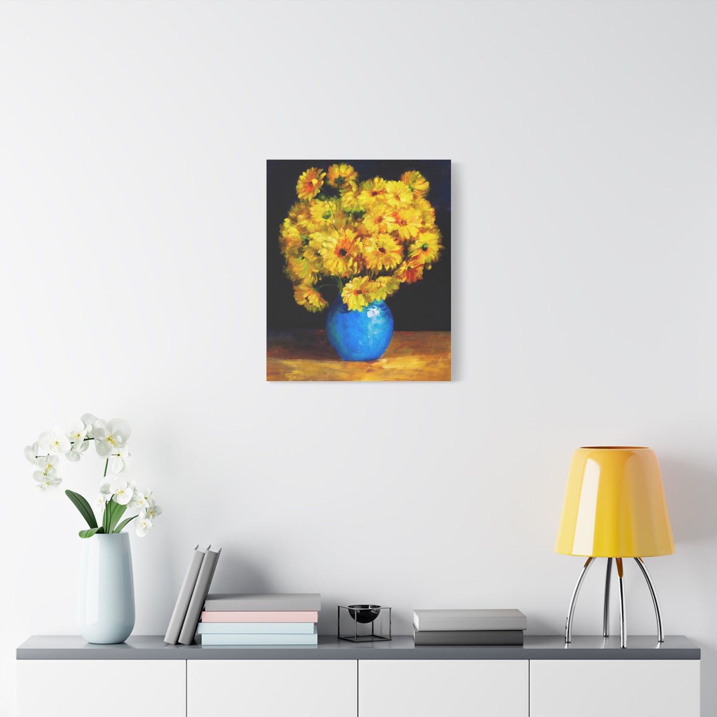 Yellow Chrysanthemum Canvas Wall Art — Blue Vase Floral Painting (Stretched Matte)