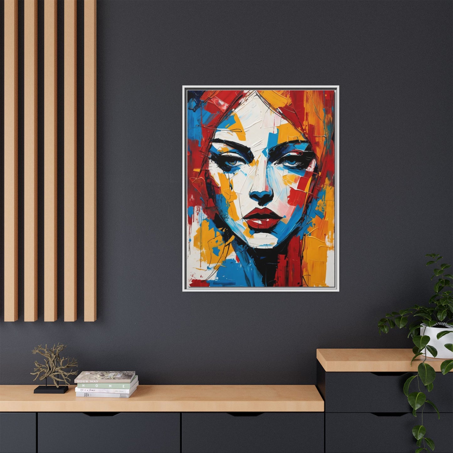 Framed Abstract Portrait Canvas — Colorful Female Face Wall Art