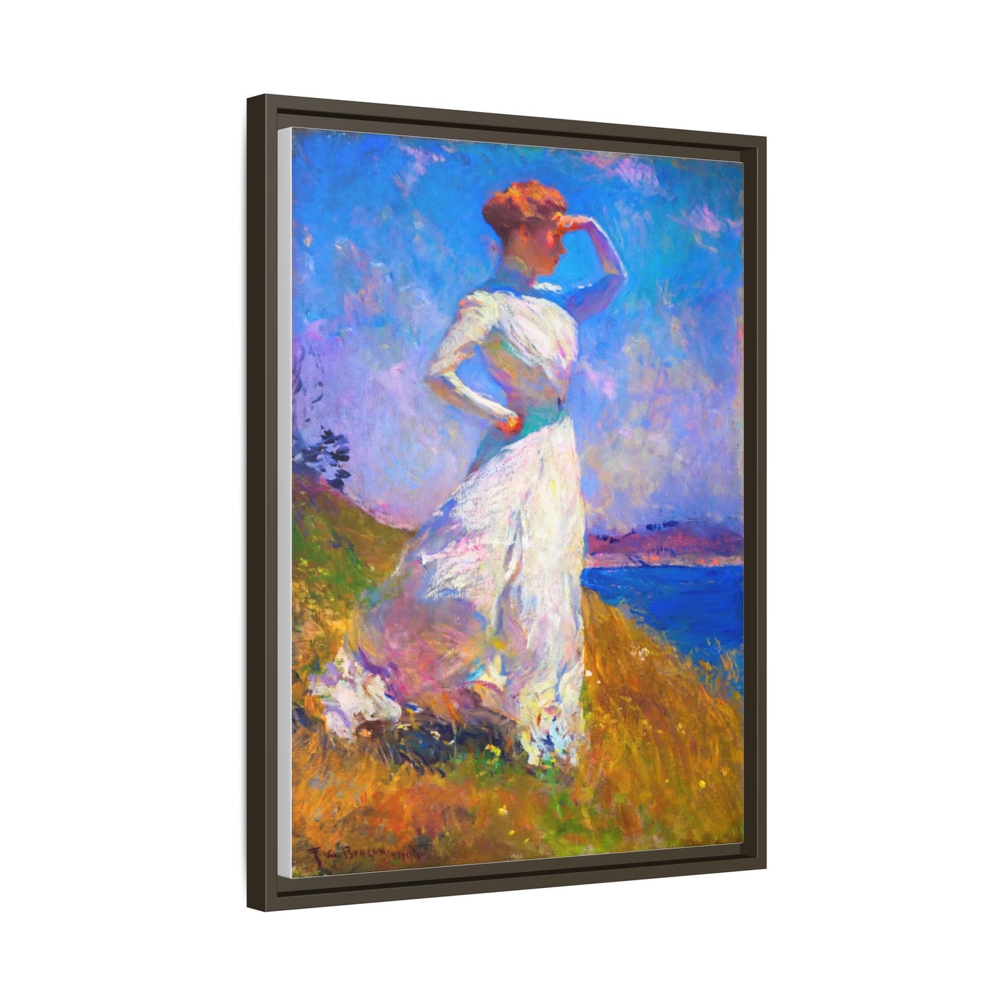 Framed Matte Canvas Art - Woman in White Seaside Impressionist Print