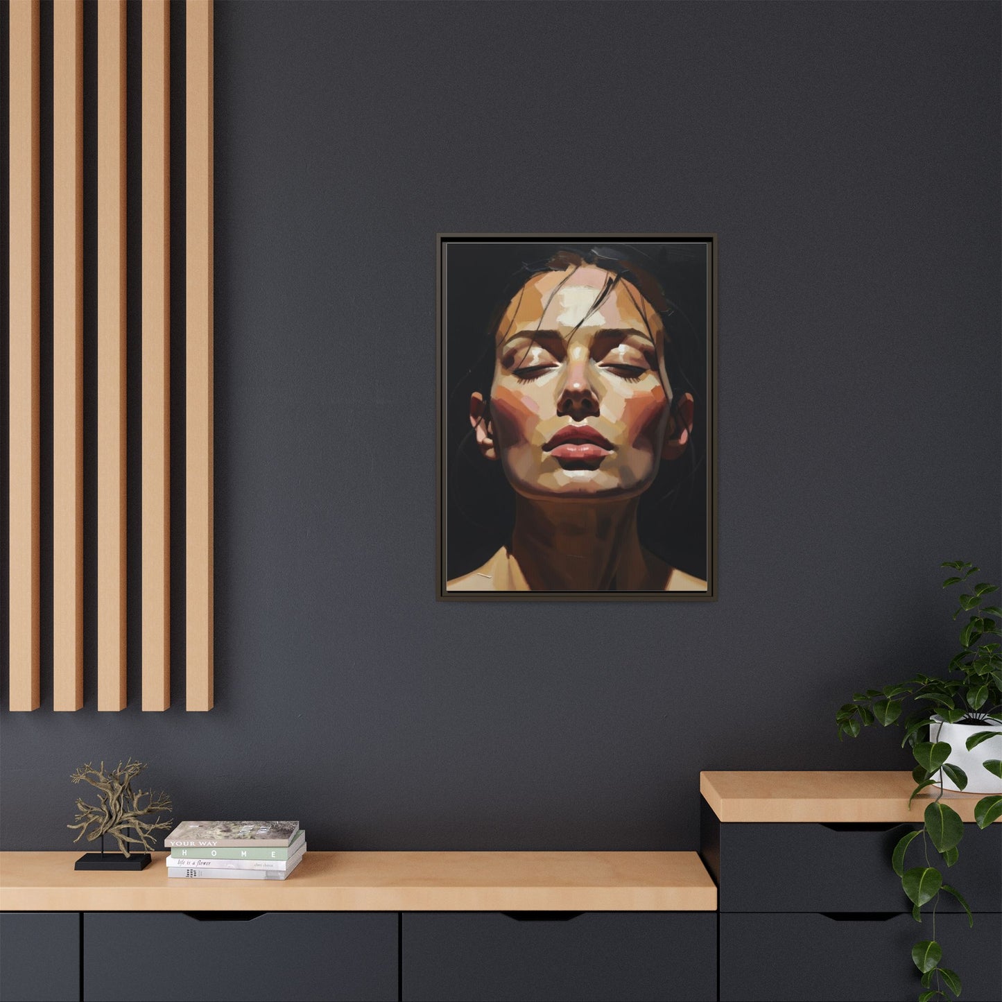 Framed Matte Canvas Portrait – Woman with Eyes Closed (Multi‑Color)