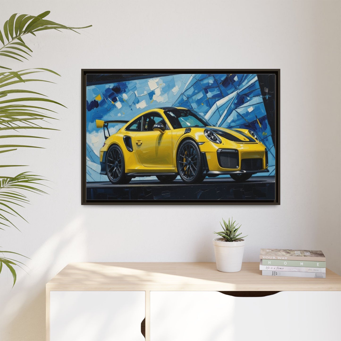 Yellow Porsche Sports Car Matte Framed Canvas – Modern Automotive Wall Art