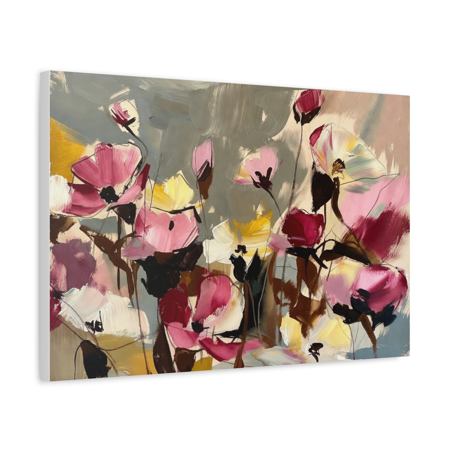 Floral Abstract Canvas Wall Art — Pink & Yellow Bloom Stretched Matte Print