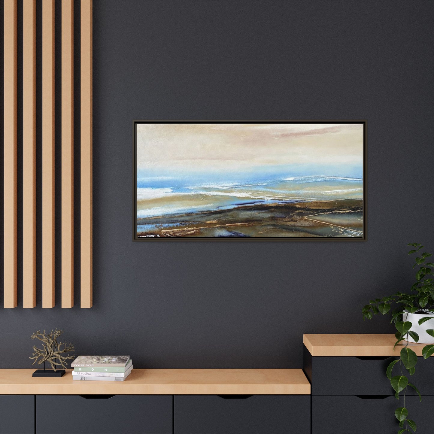 Framed Abstract Seascape Matte Canvas — Coastal Blue & Earth Tone Wall Art