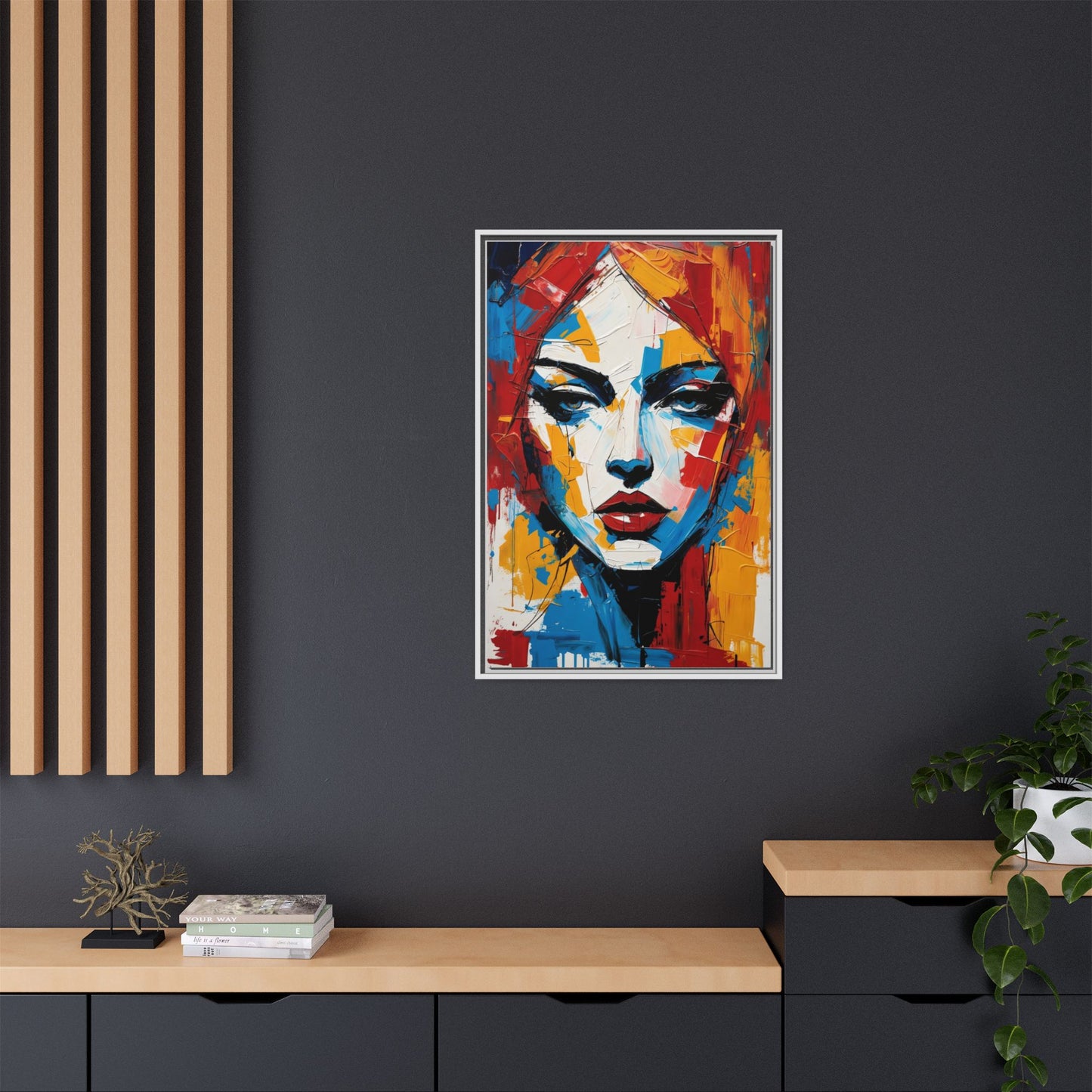 Framed Abstract Portrait Canvas — Colorful Female Face Wall Art