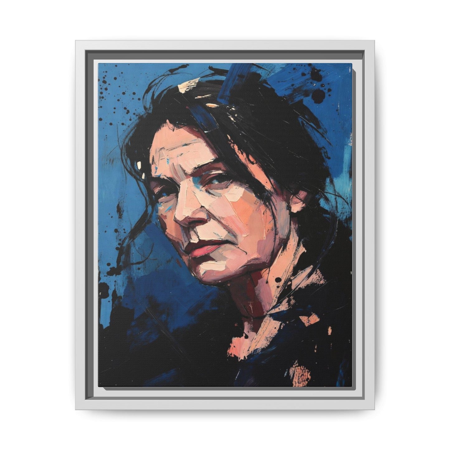 Framed Matte Canvas Portrait — Expressive Blue Painterly Woman Art