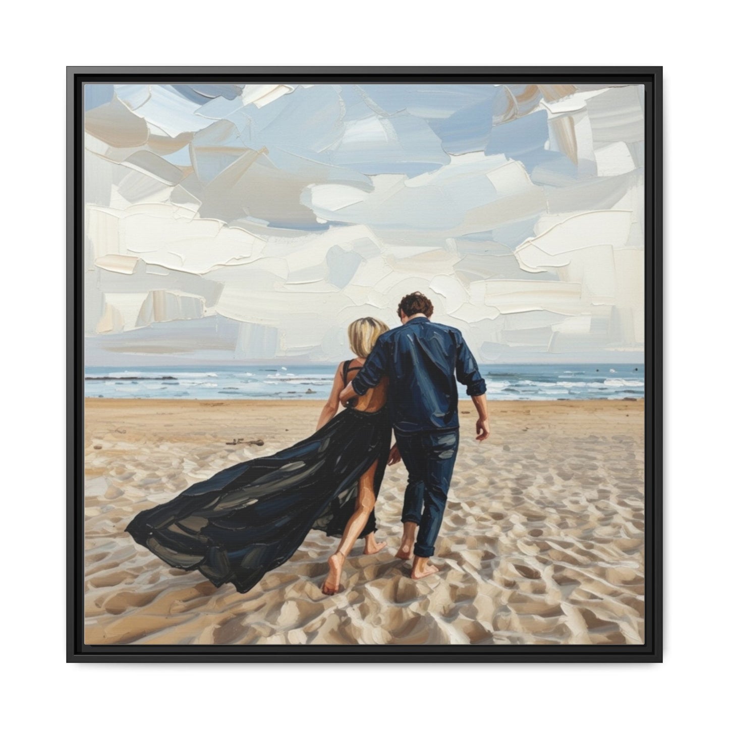 Framed Canvas Wall Art — Romantic Couple Walking on Beach Print
