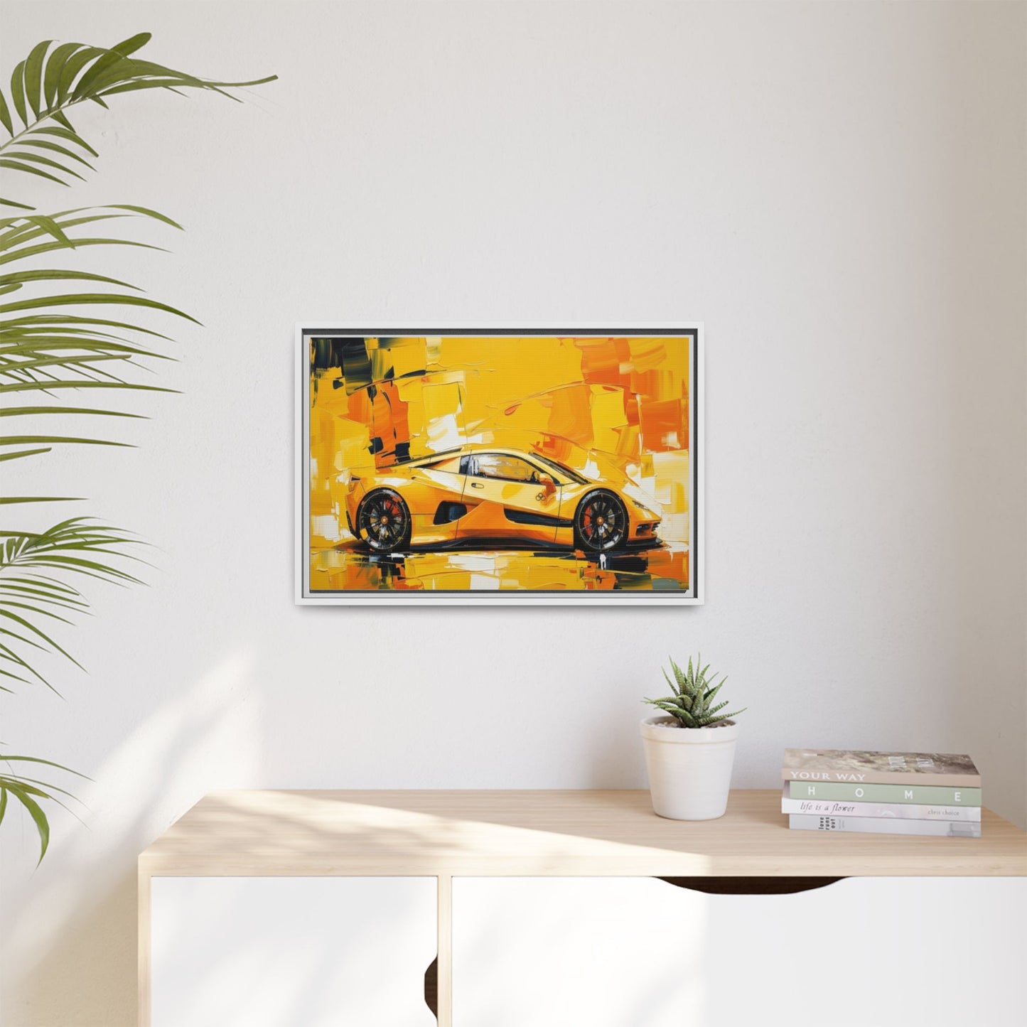 Yellow Sports Car Abstract Matte Canvas Framed Print