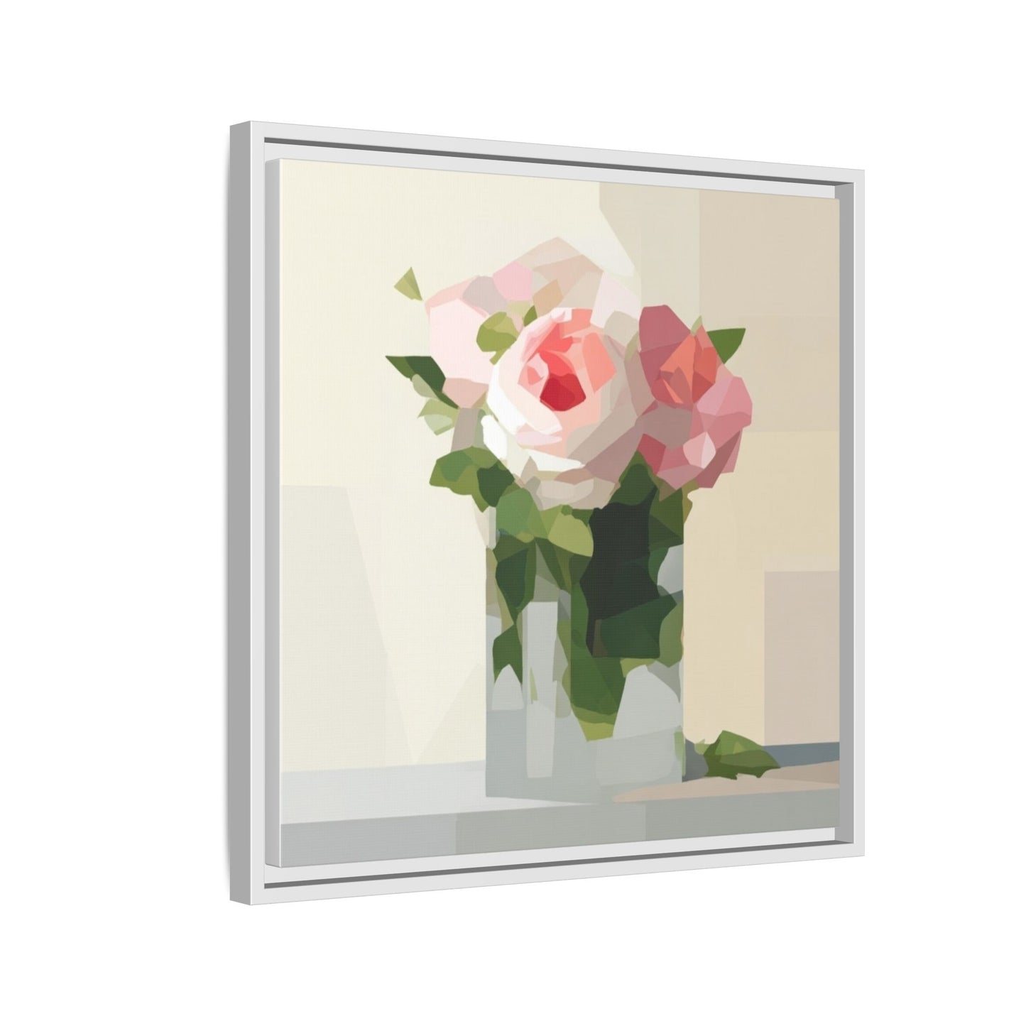 Framed Floral Canvas Print — Geometric Pink Rose Wall Art