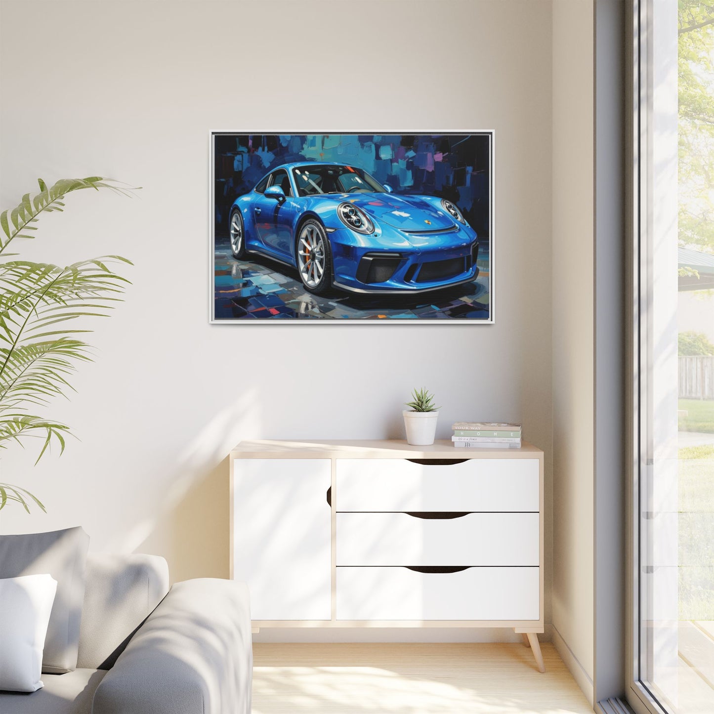 Blue Sports Car Matte Canvas Framed Print — Modern Automotive Wall Art