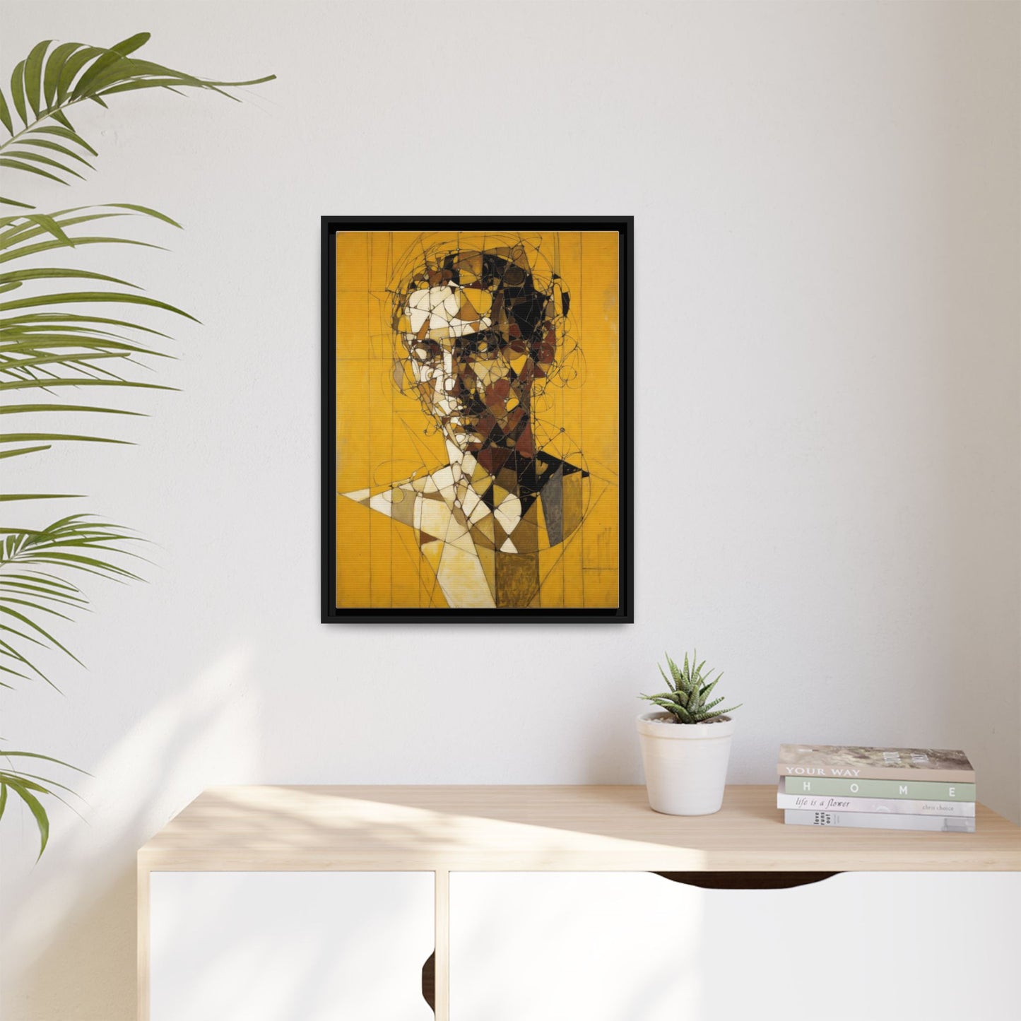Framed Matte Canvas Art - Abstract Geometric Portrait on Mustard Yellow
