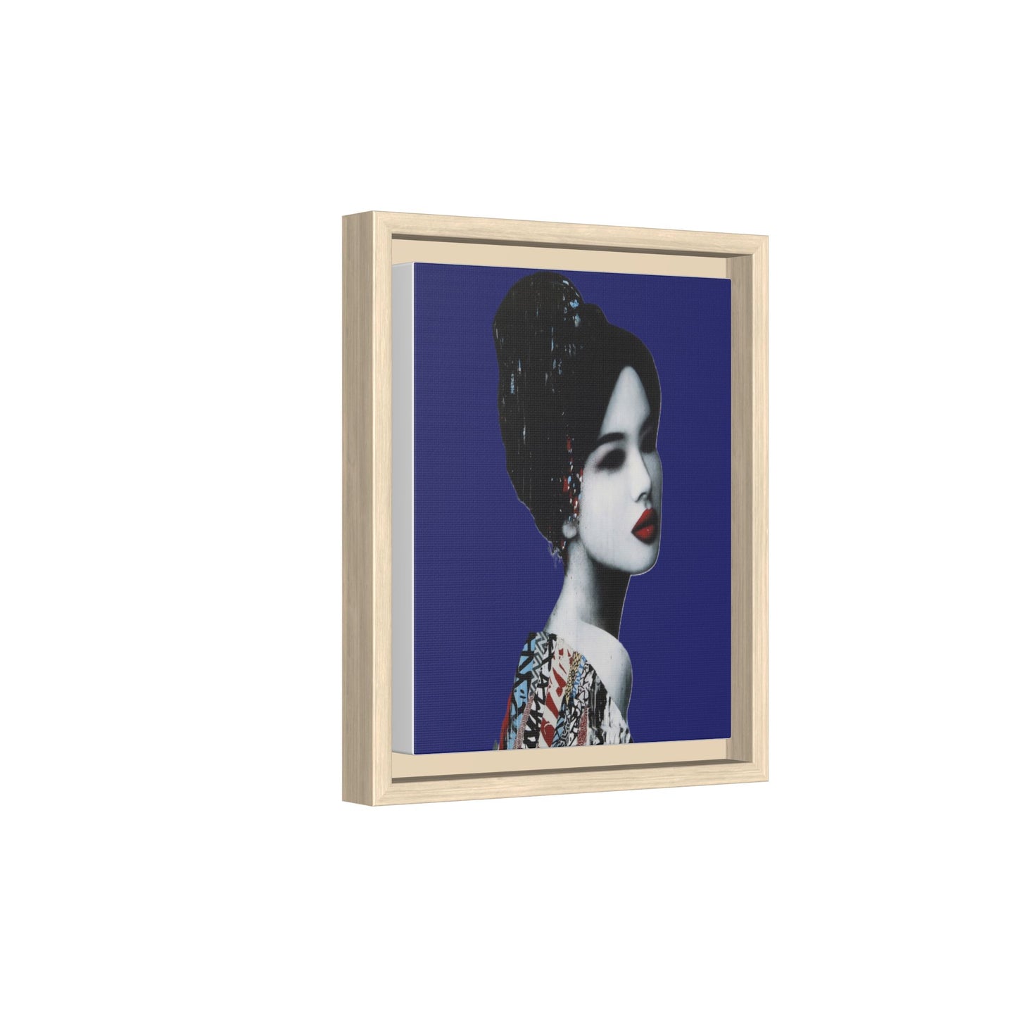 Framed Matte Canvas Art — Elegant Geisha Portrait on Deep Blue
