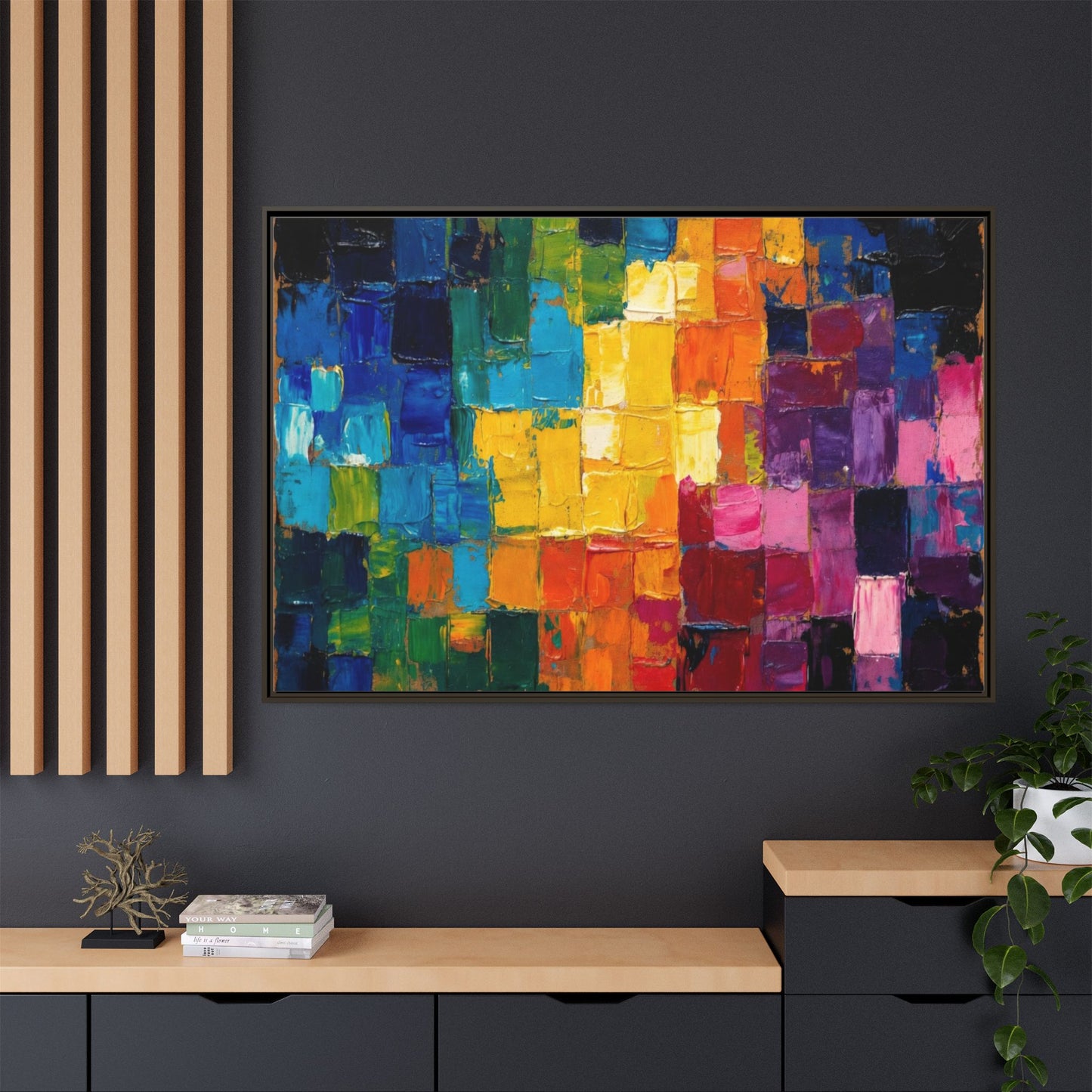 Abstract Rainbow Mosaic Framed Canvas Print — Colorful Modern Wall Art