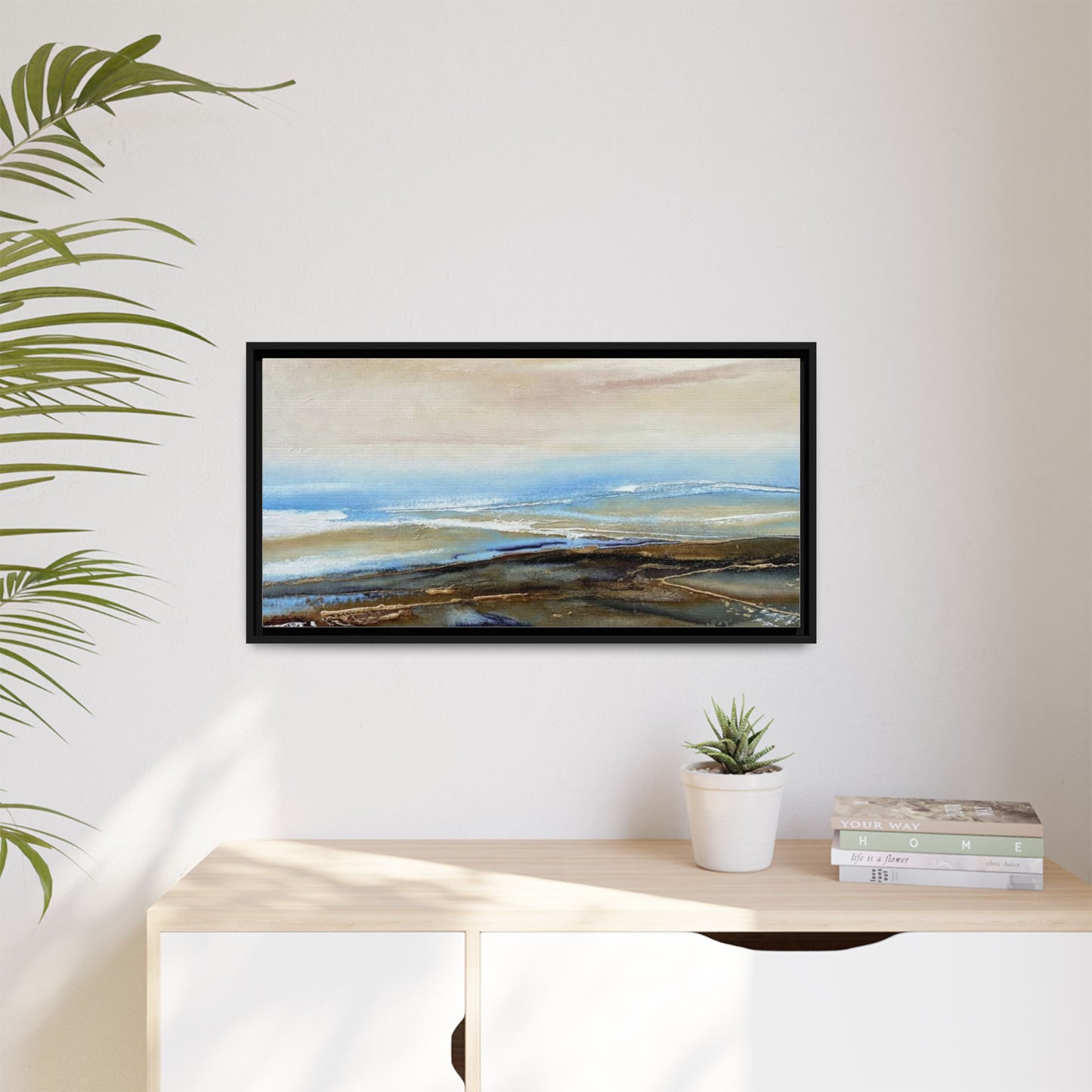 Framed Abstract Seascape Matte Canvas — Coastal Blue & Earth Tone Wall Art