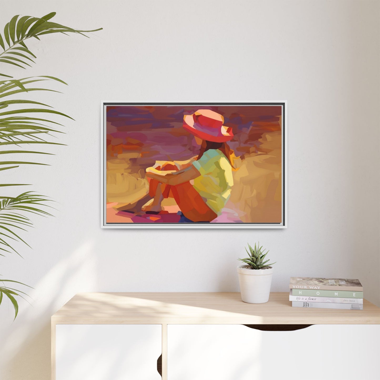 Framed Matte Canvas — Colorful Seated Girl Beach Art