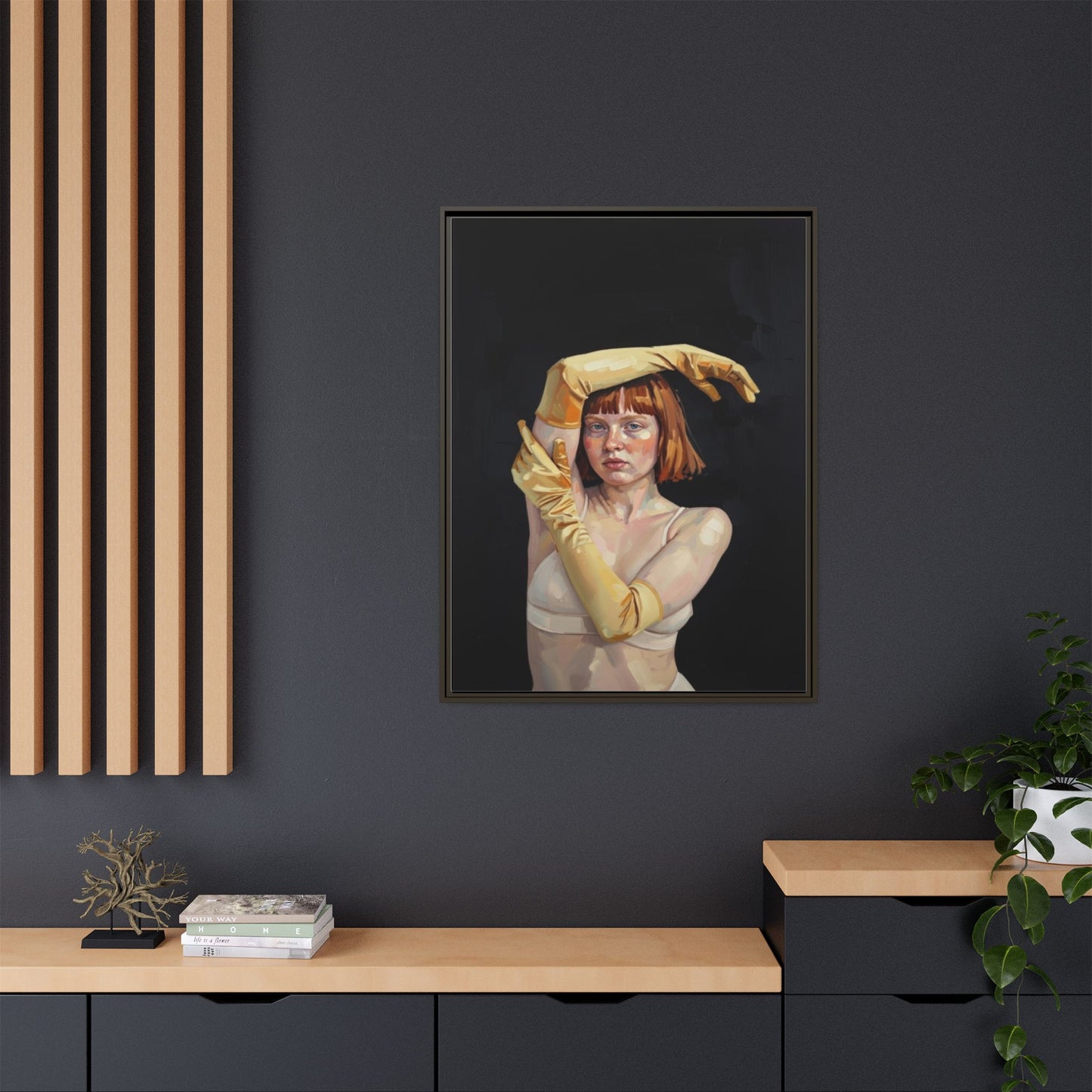 Framed Matte Canvas Art – Portrait of Woman in Yellow Gloves