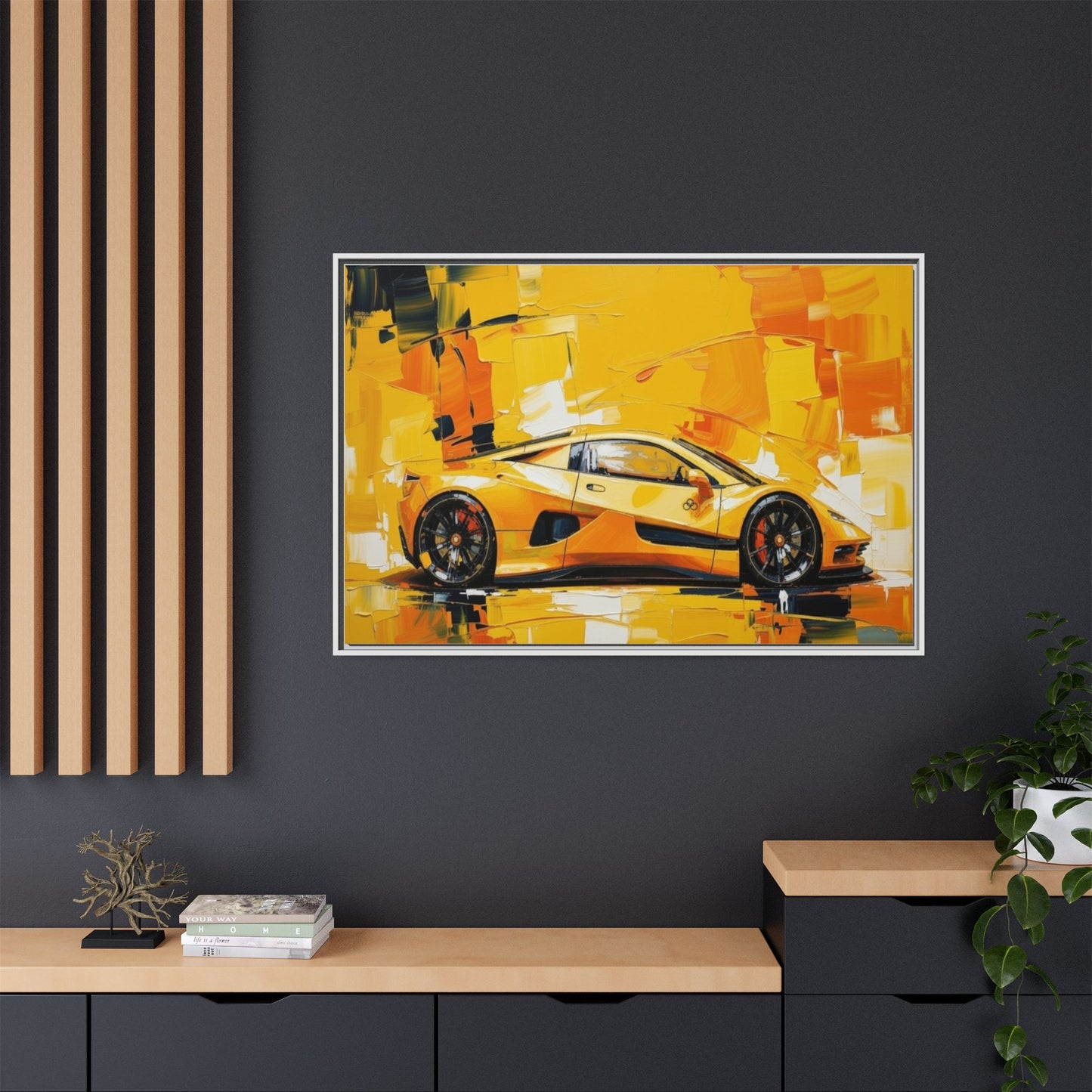 Yellow Sports Car Abstract Matte Canvas Framed Print