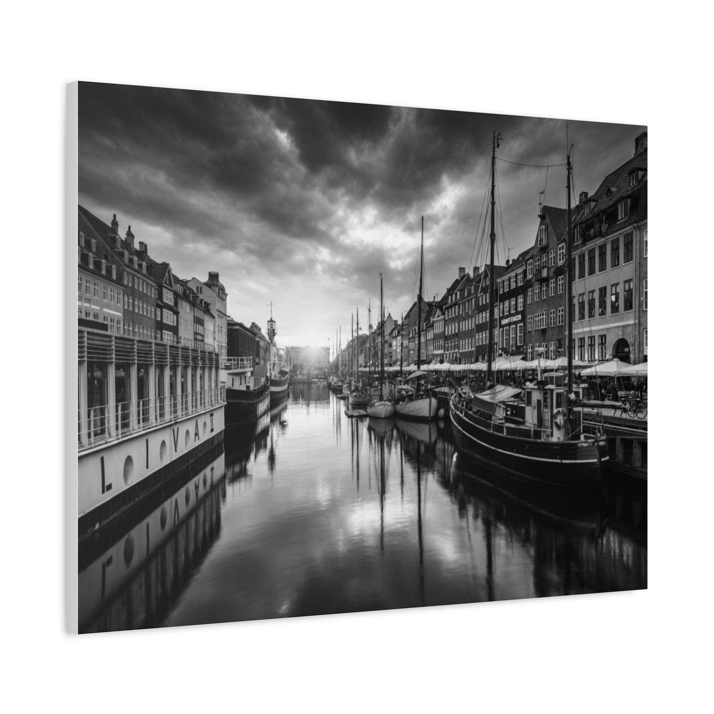 Black & White Harbor Canvas Print — Dramatic Copenhagen Cityscape Wall Art