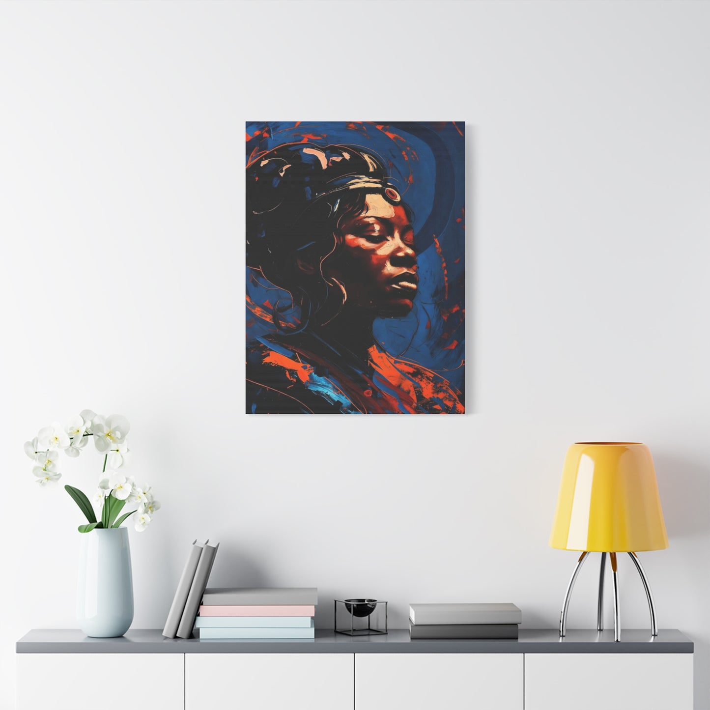 Regal Afrocentric Portrait Matte Canvas Art – Vibrant Blue & Orange Stretched Wall Decor