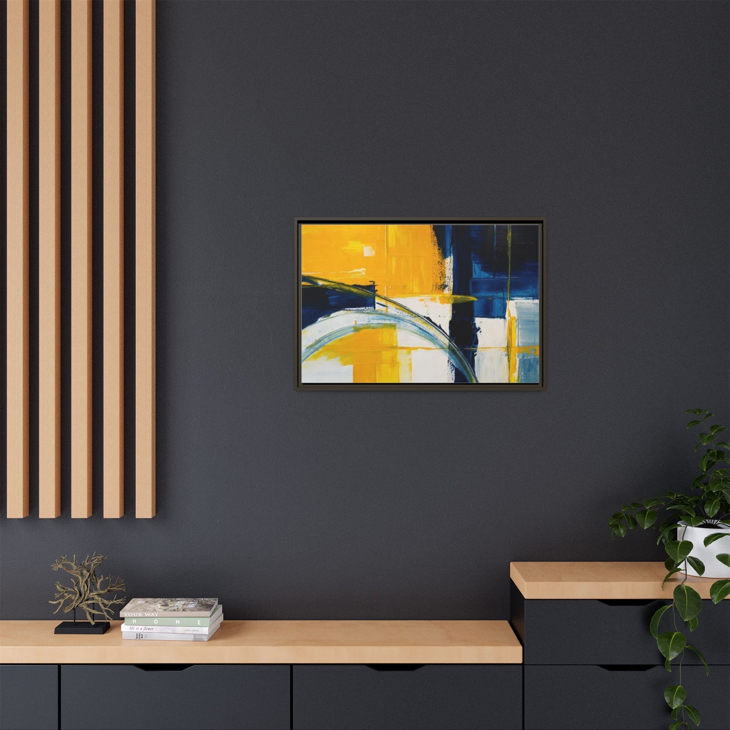 Abstract Yellow & Blue Framed Canvas Wall Art — Modern Matte Canvas Print
