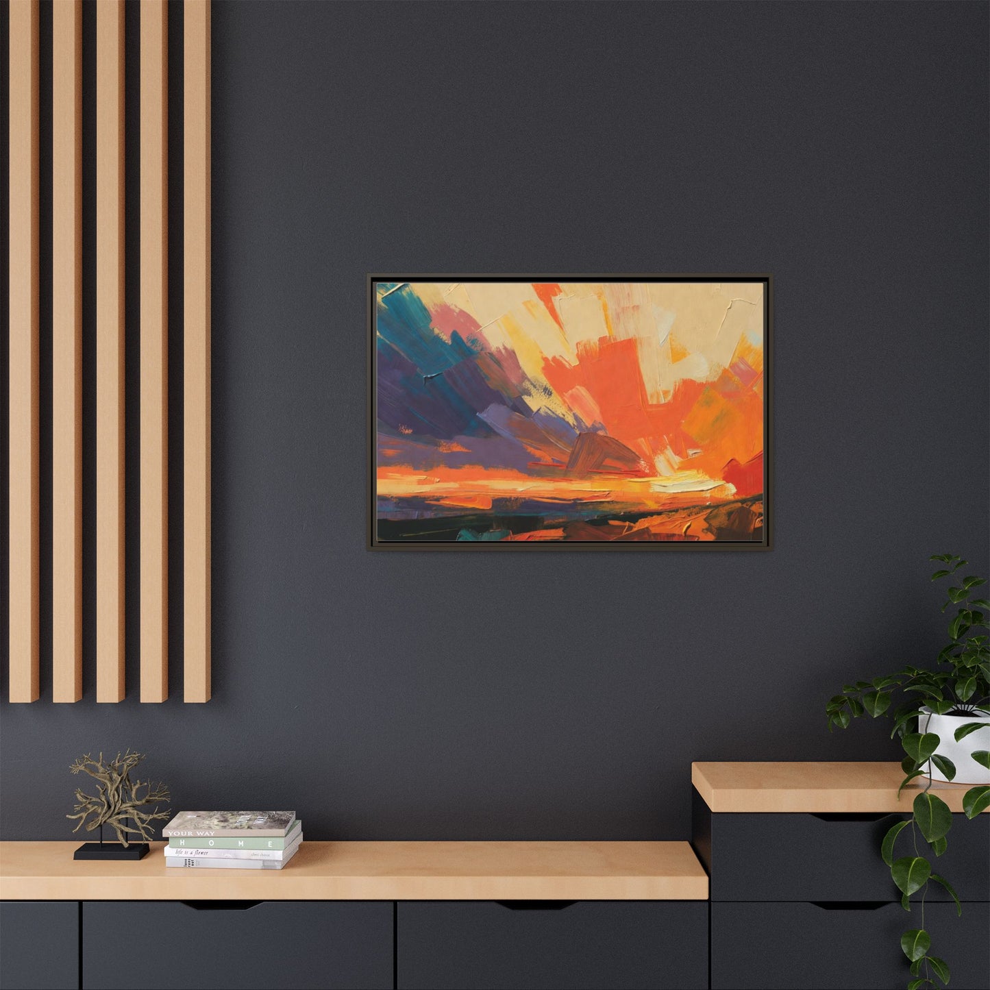 Framed Abstract Sunset Canvas Art – Multicolor Matte Wall Decor