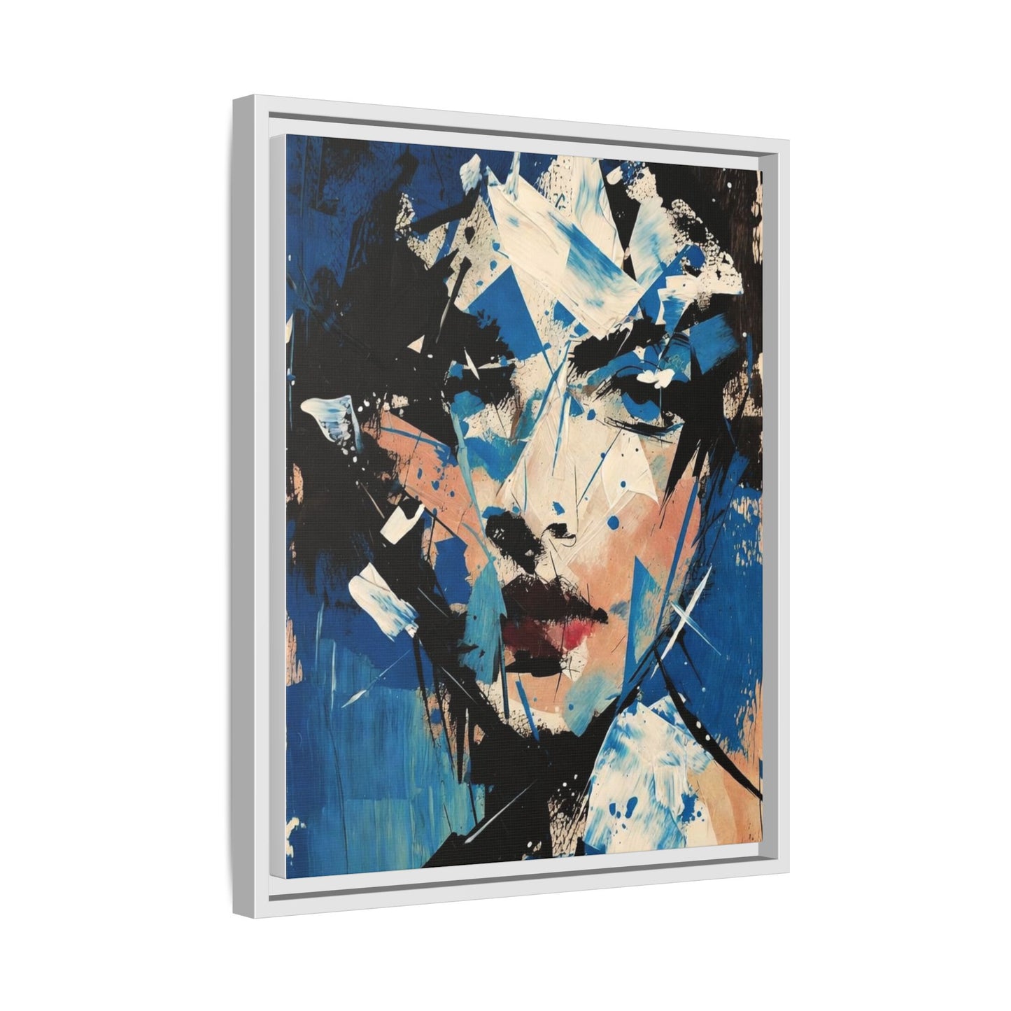 Abstract Portrait Matte Canvas Framed Wall Art — Blue Mixed-Media Face Print