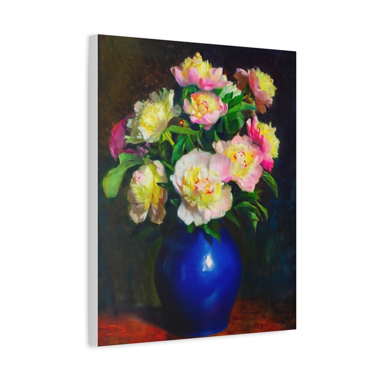 Peony Bouquet Canvas Print — Pink Peonies in Blue Vase, Stretched Matte Wall Art