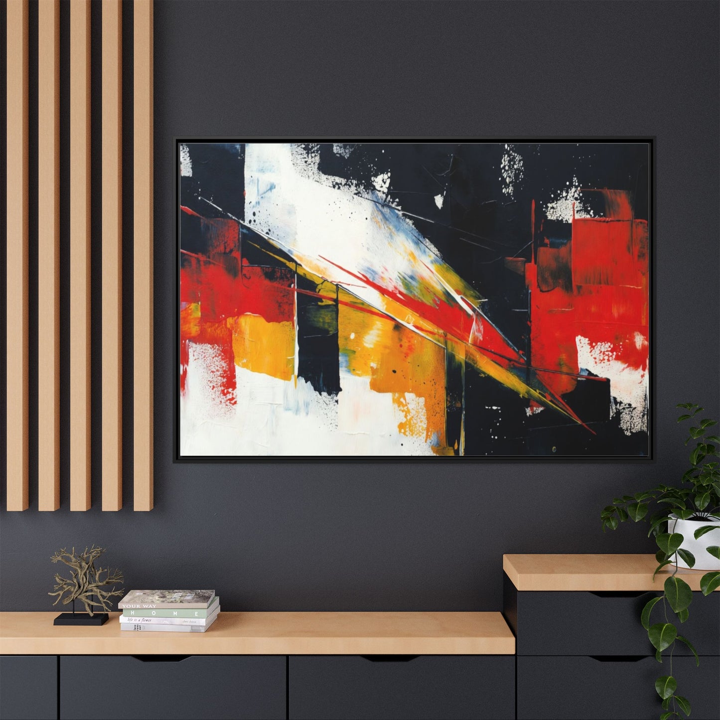 Abstract Red & Black Framed Canvas Print — Modern Geometric Wall Art