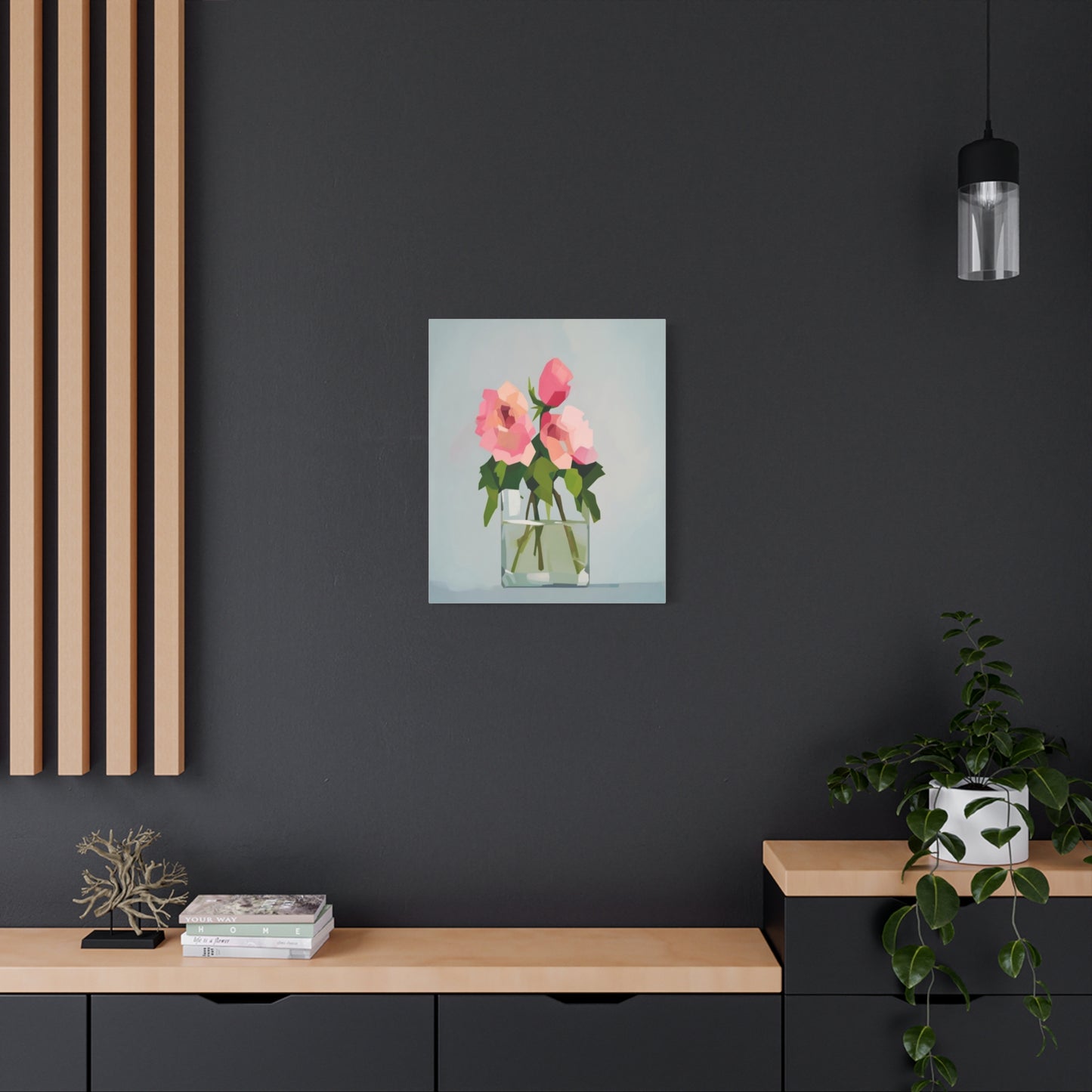 Pink Roses in Square Vase - Matte Stretched Canvas Wall Art