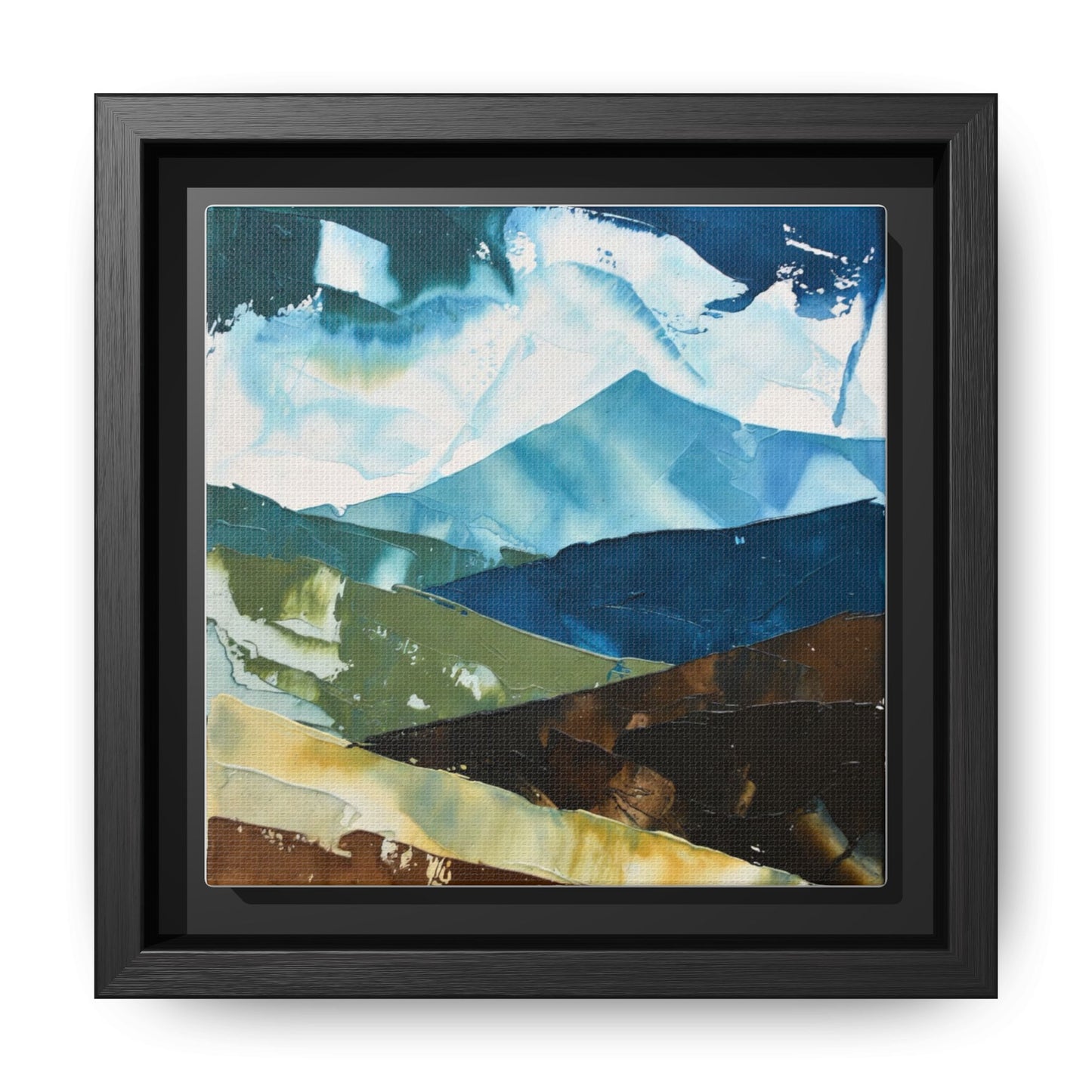 Framed Abstract Mountain Canvas Art — Blue & Earthtone Landscape Print
