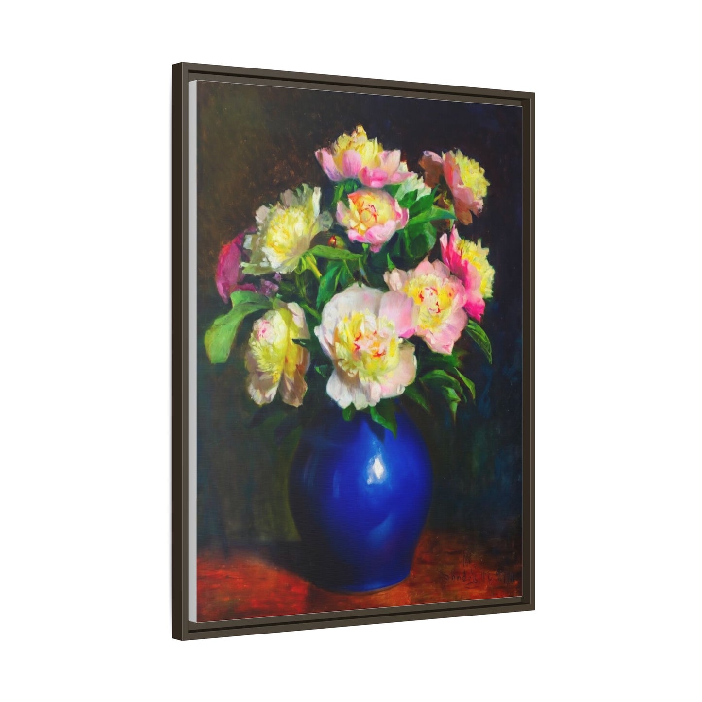 Framed Matte Canvas Wall Art — Vintage Floral Bouquet in Blue Vase