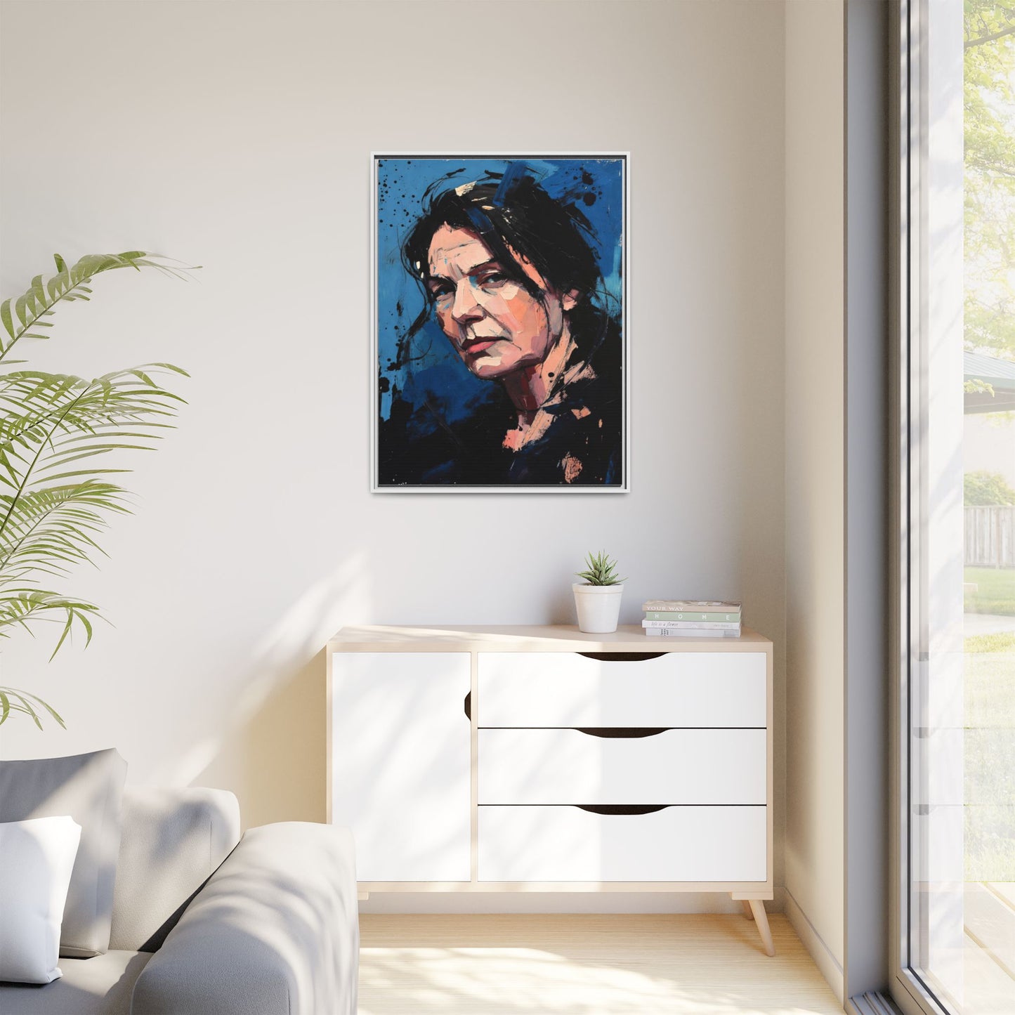 Framed Matte Canvas Portrait — Expressive Blue Painterly Woman Art