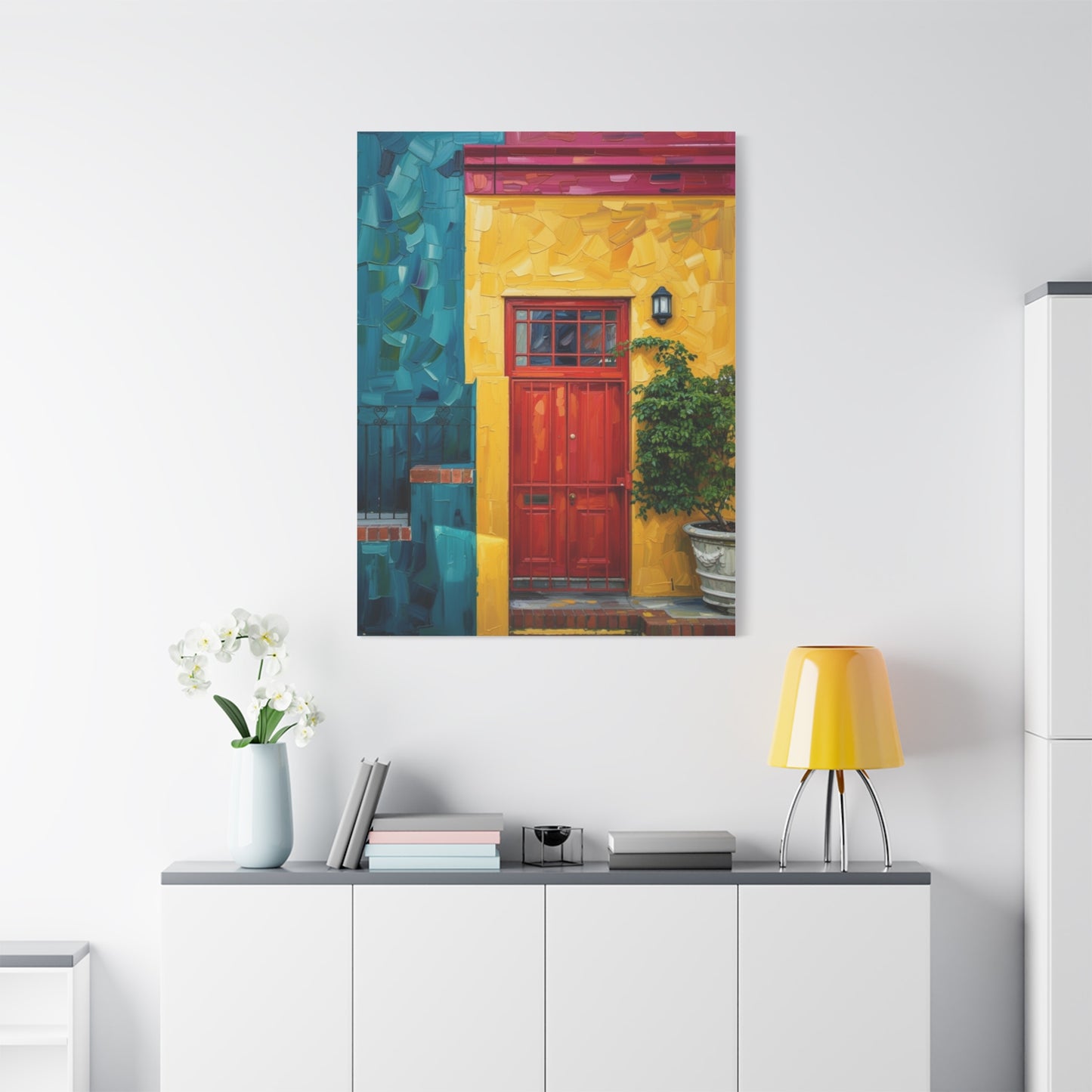 Colorful Doorway Canvas Wall Art — Vibrant Yellow & Teal Street Scene, Matte Stretched Print
