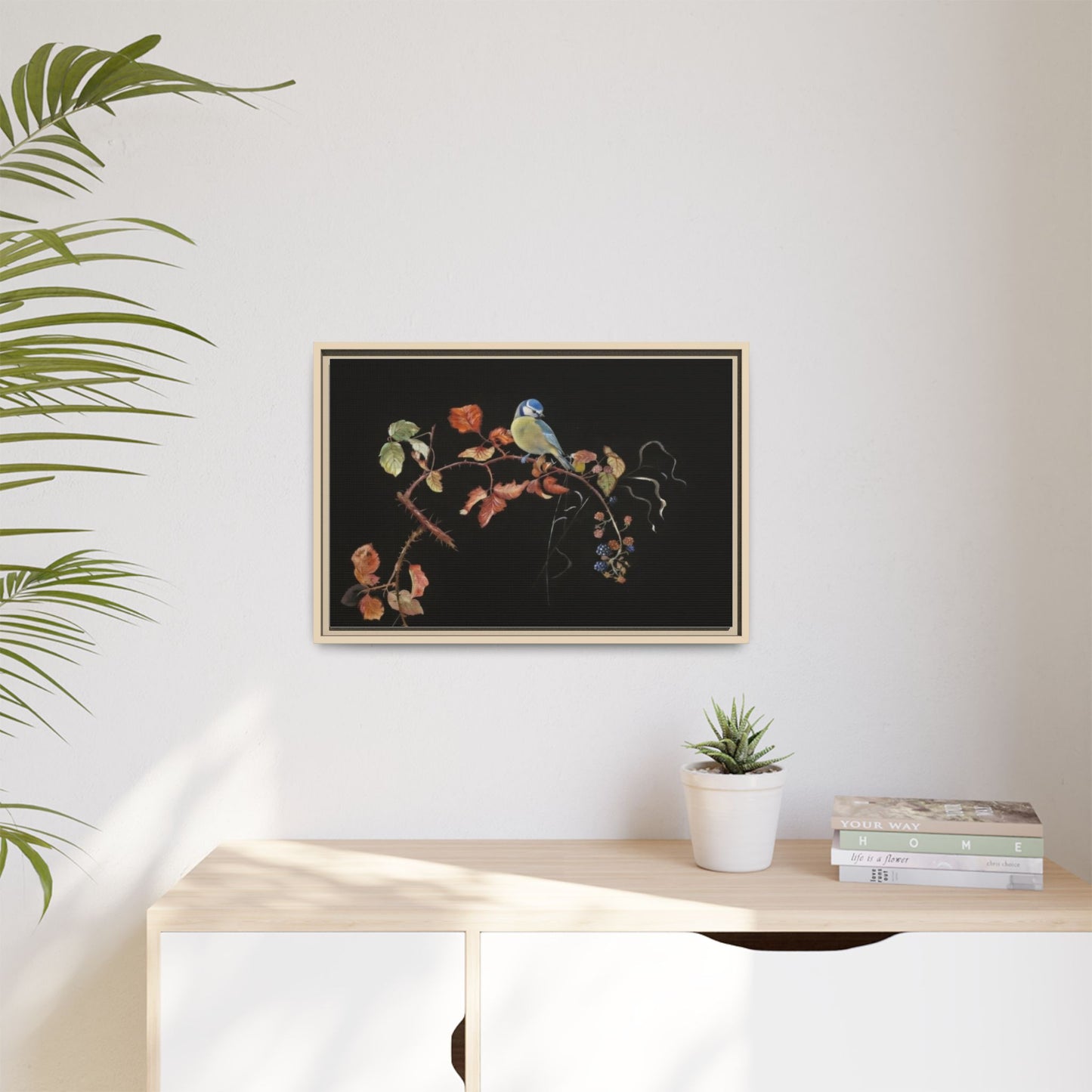 Framed Matte Canvas - Blue Tit on Autumn Branch Wall Art