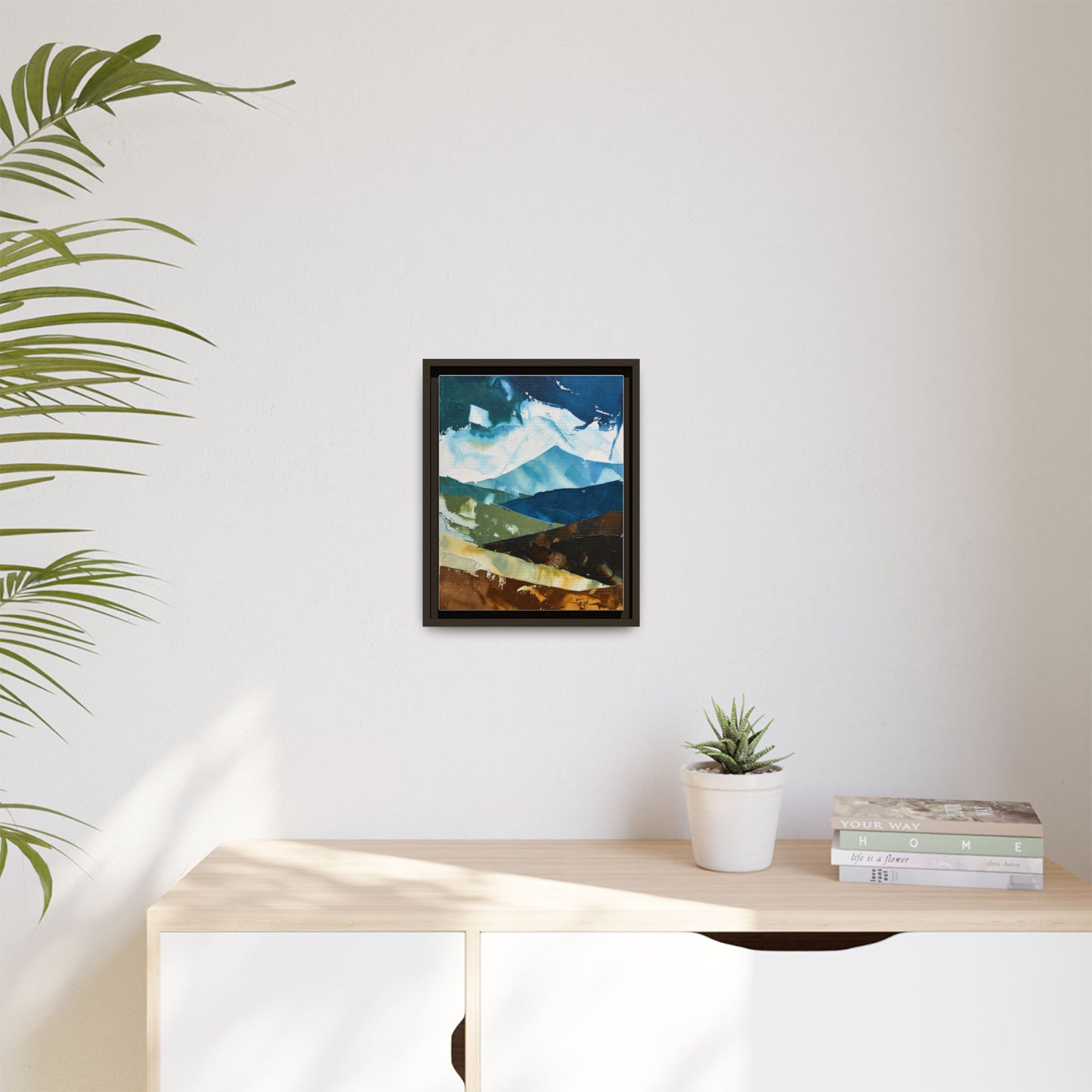 Framed Abstract Mountain Canvas Art — Blue & Earthtone Landscape Print