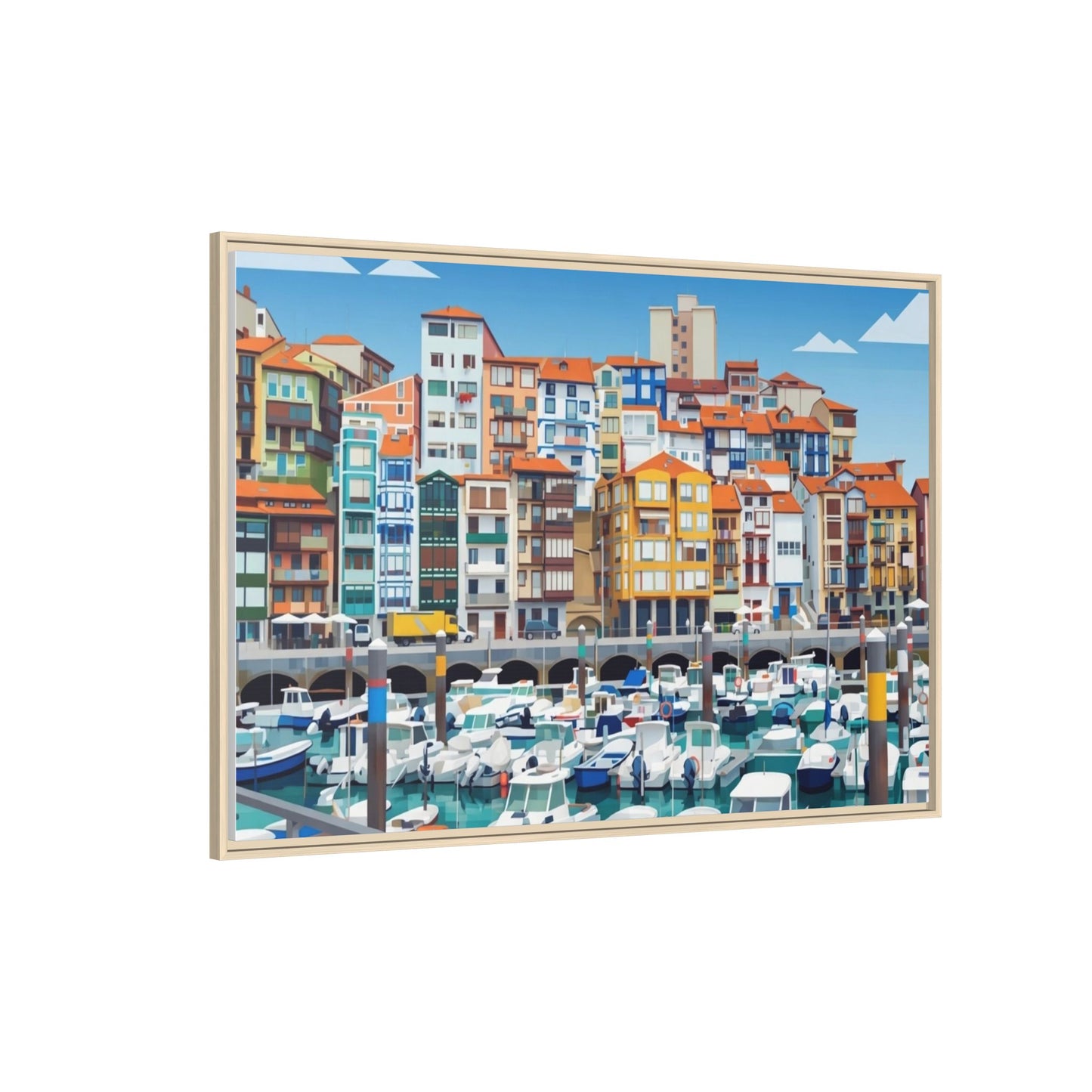 Framed Matte Canvas Print — Colorful Mediterranean Harbor Illustration