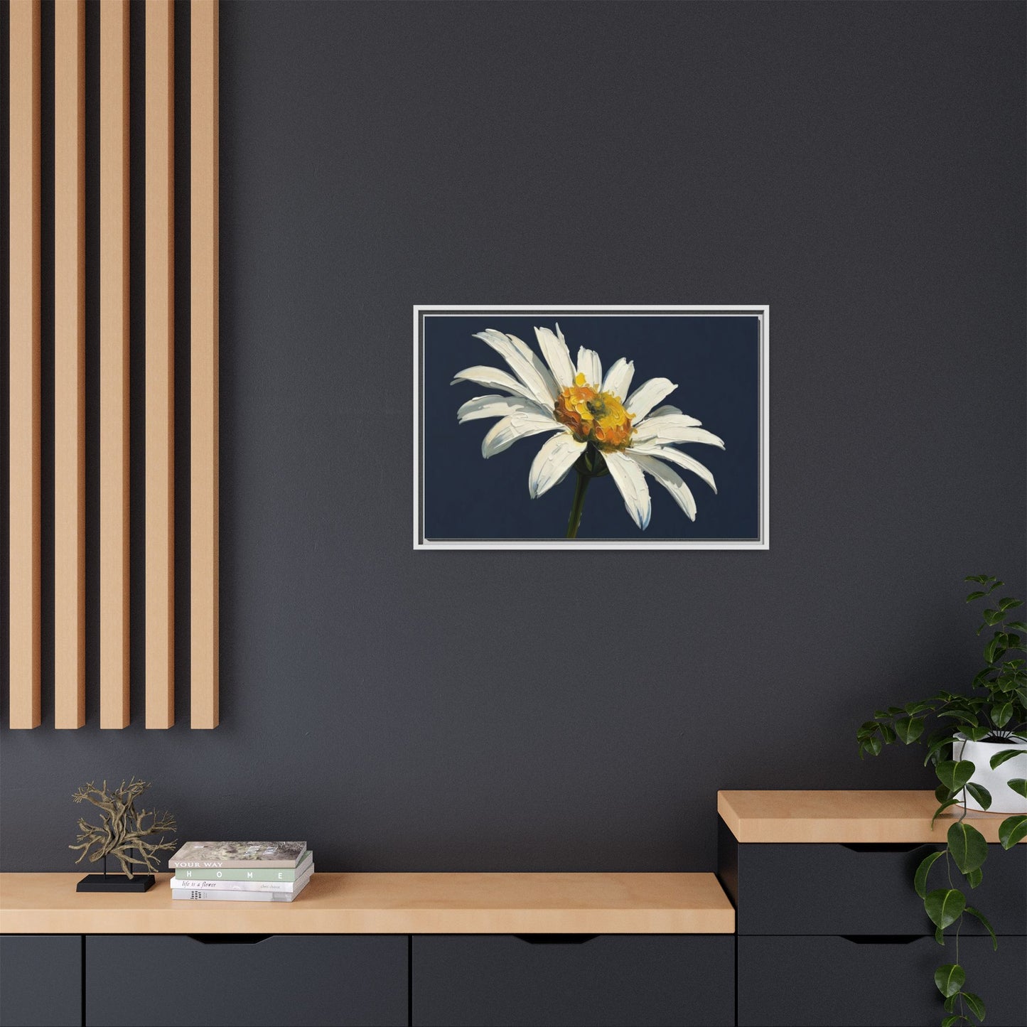 Framed Matte Canvas Daisy Wall Art — White Floral Painting on Navy