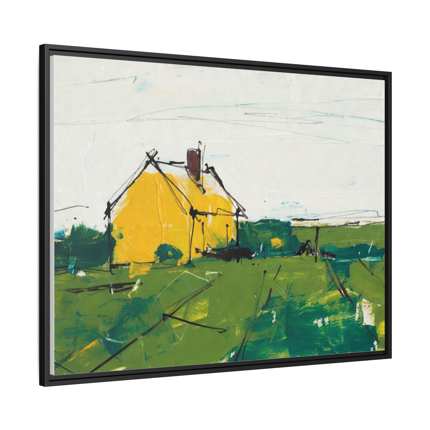 Yellow Cottage Landscape Framed Canvas Print