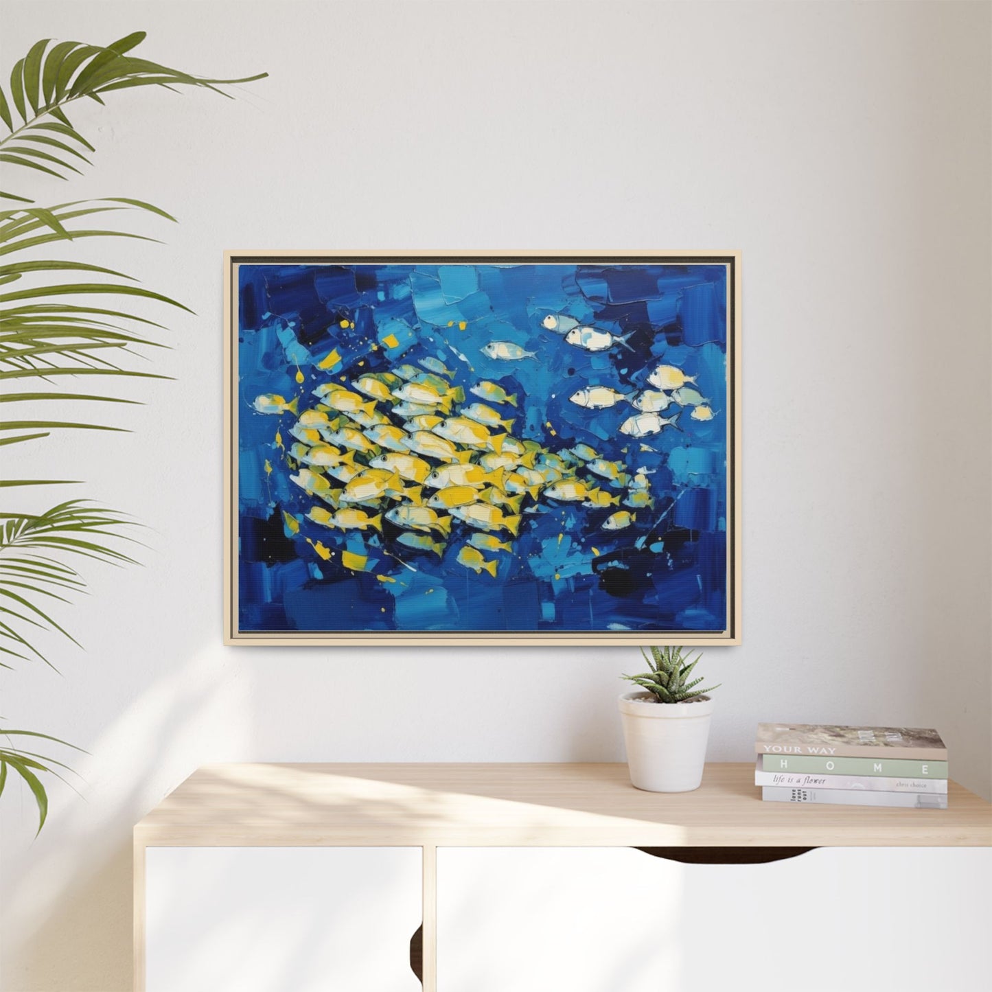 Framed Matte Canvas: Blue School of Fish Wall Art