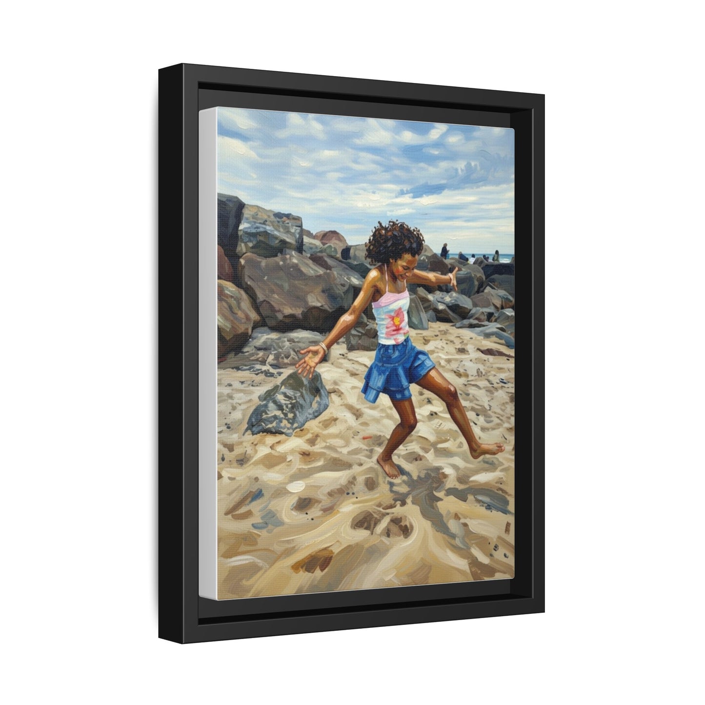 Framed Canvas Art - Girl Dancing on the Beach (Matte Multi-Color)