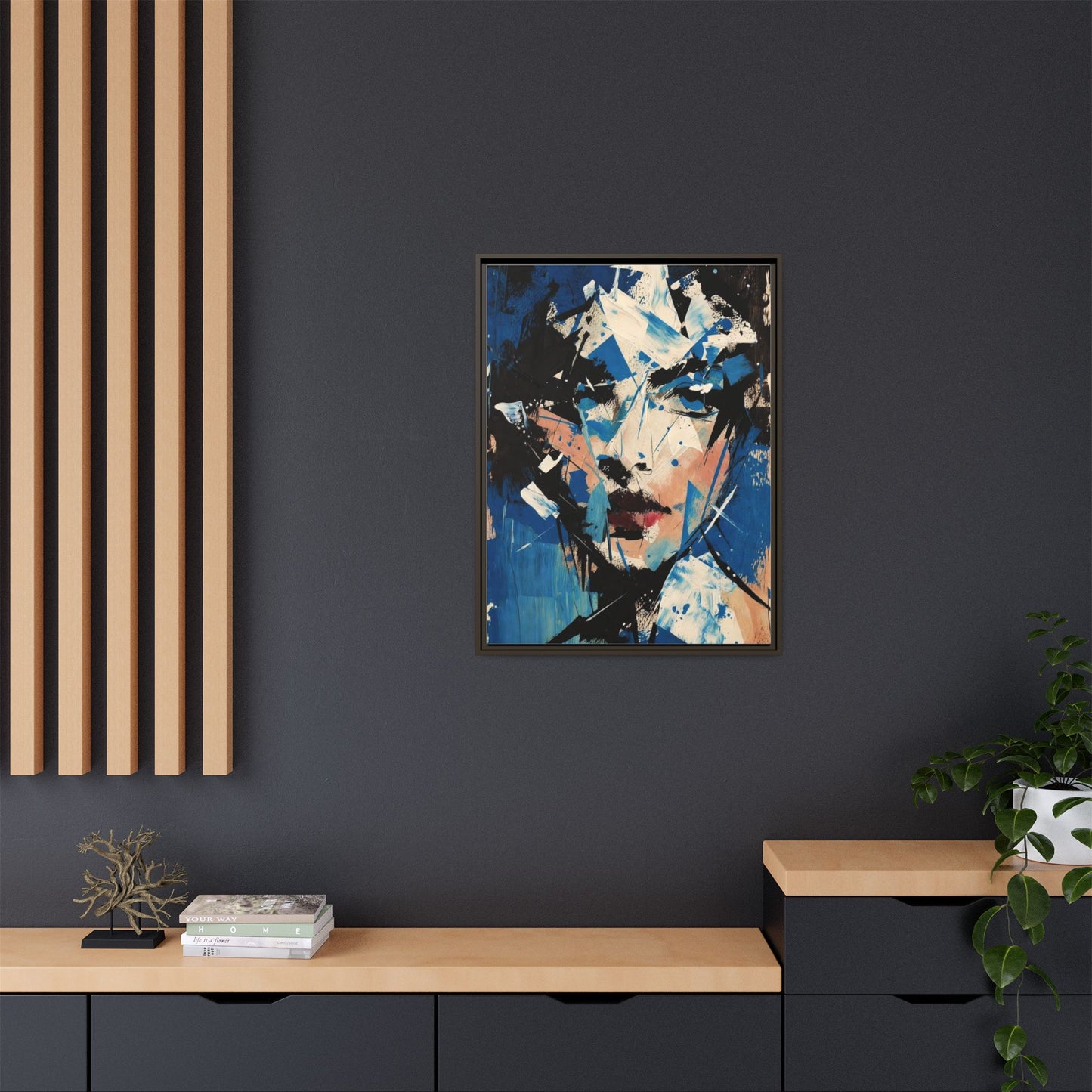 Abstract Portrait Matte Canvas Framed Wall Art — Blue Mixed-Media Face Print