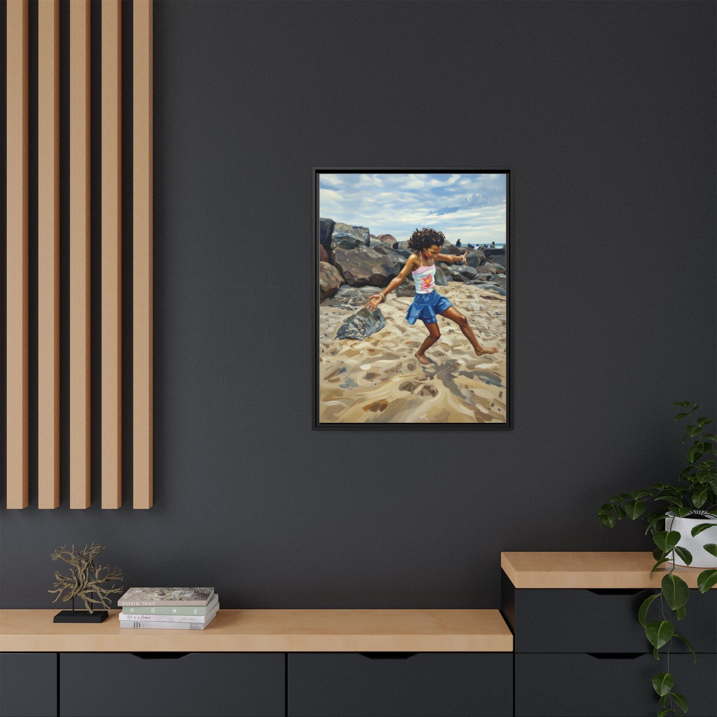 Framed Canvas Art - Girl Dancing on the Beach (Matte Multi-Color)