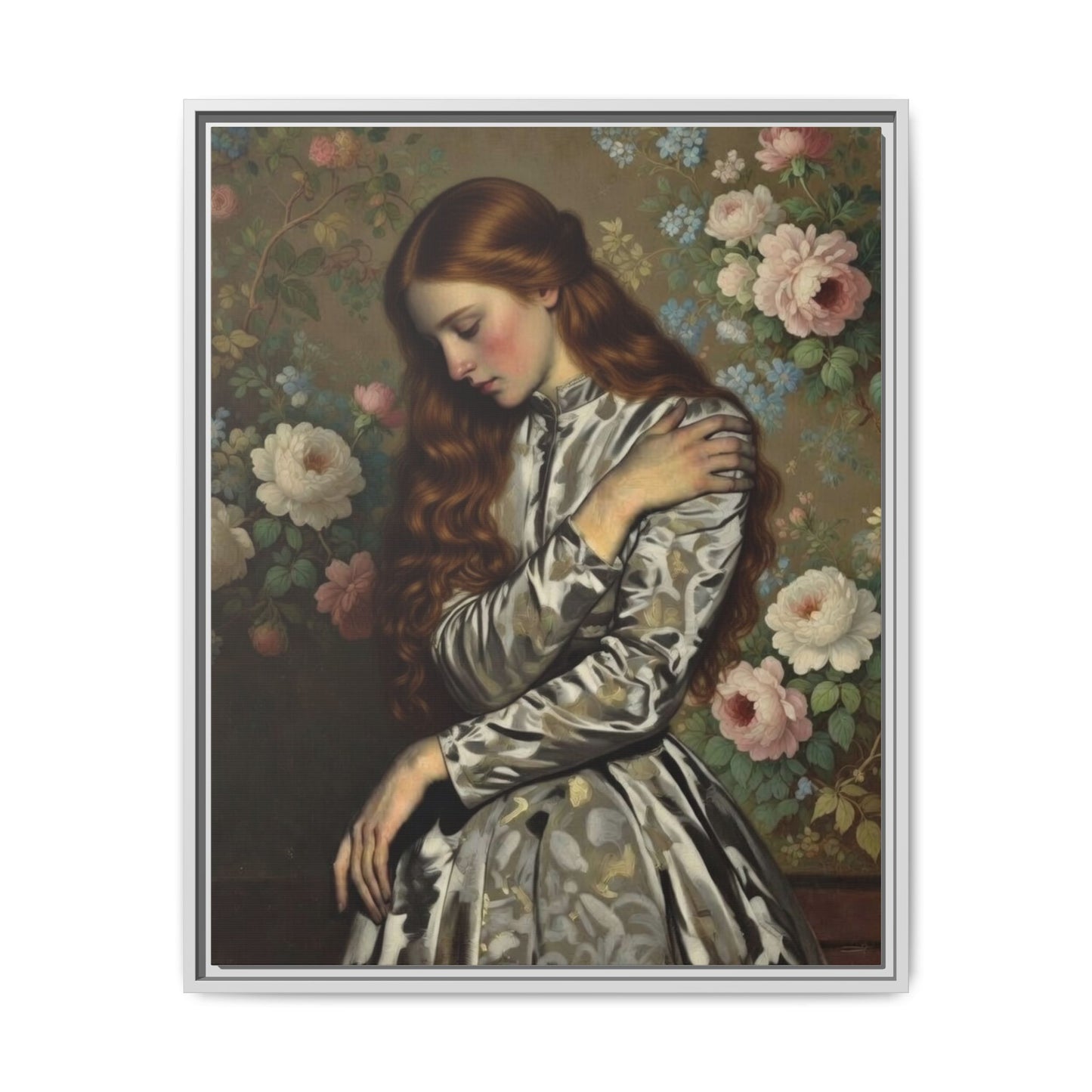 Framed Matte Canvas Art — Vintage Floral Portrait of a Young Woman