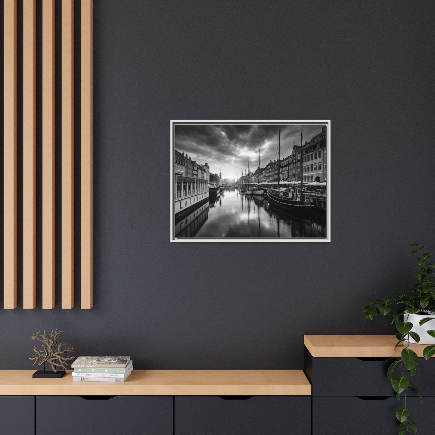 Framed Matte Canvas: Black & White Dutch Canal Photography Wall Art