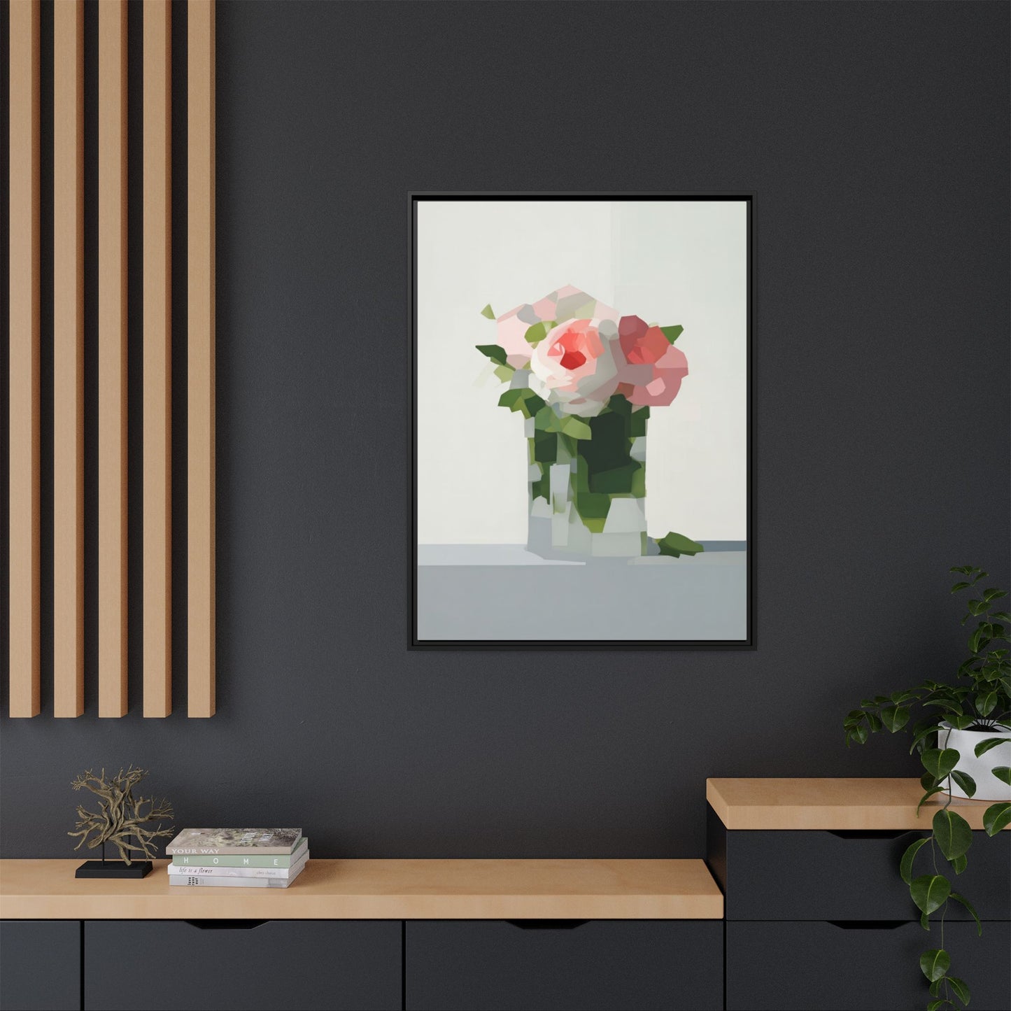 Framed Floral Canvas Print — Modern Pink Roses Still Life