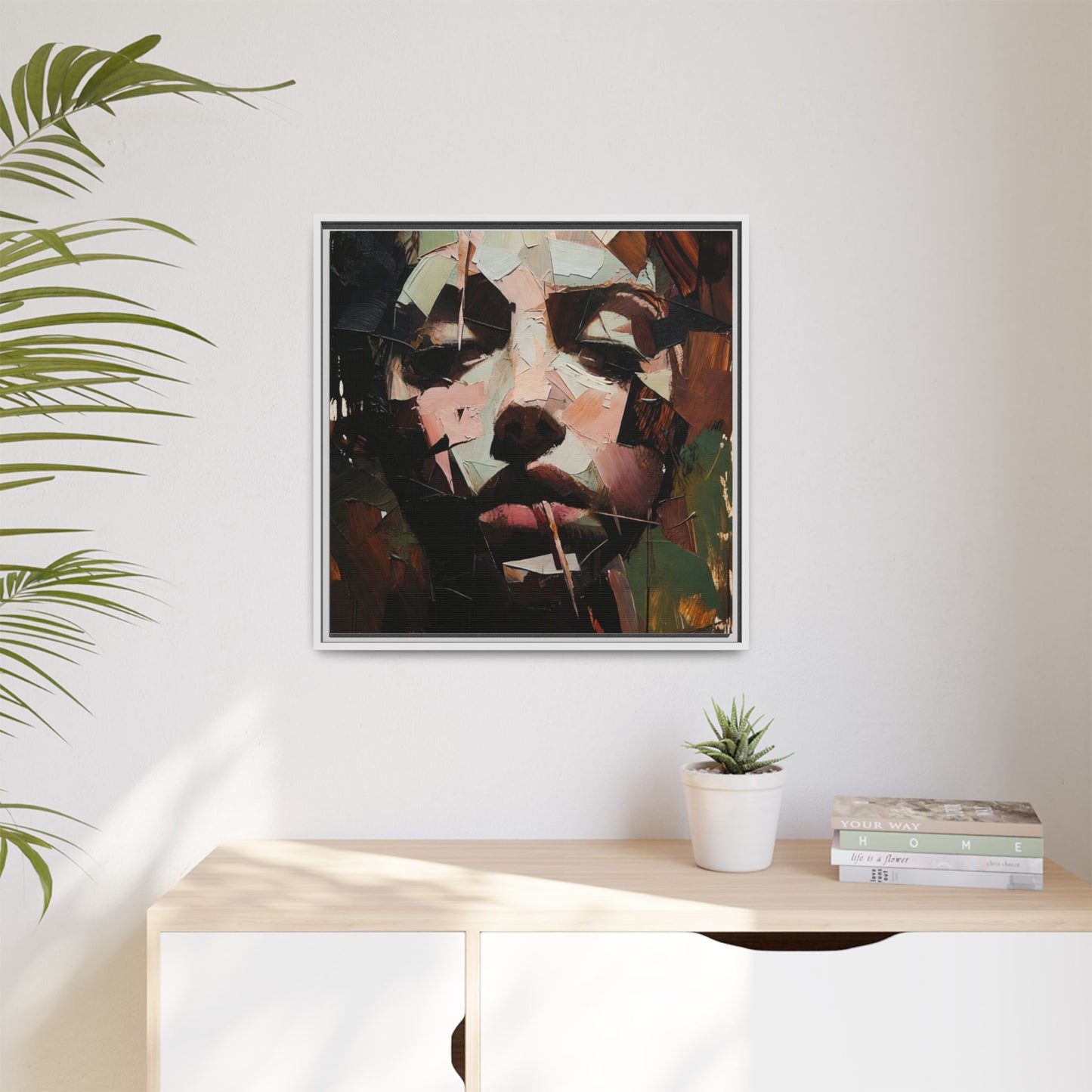 Matte Framed Canvas Art — Abstract Female Portrait, Moody Multicolor