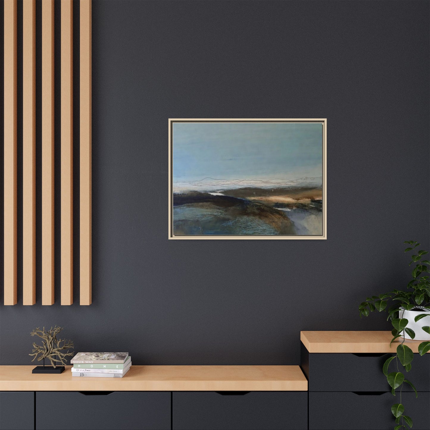 Framed Matte Canvas Wall Art — Serene Abstract Blue Landscape