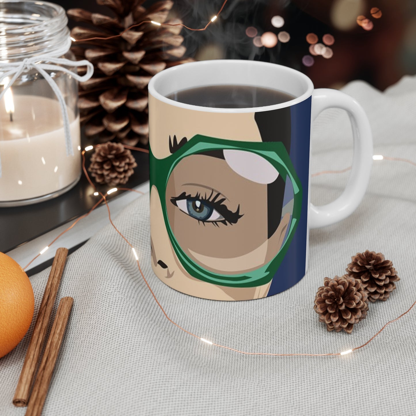 11oz Mug — Retro Green Glasses Pop Art Face Coffee Cup